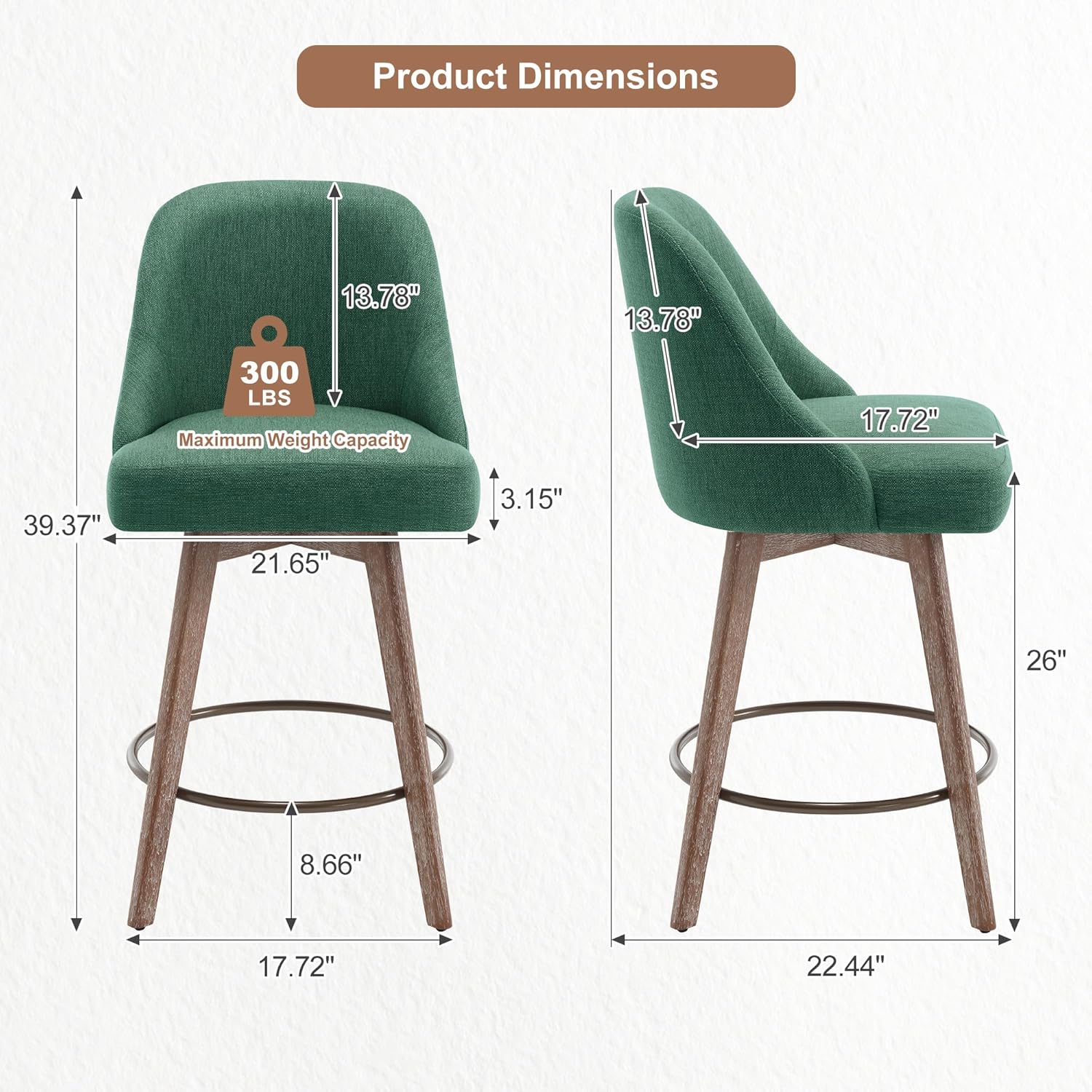 Counter Height Swivel Bar Stools Set of 4, Upholstered Fabric Barstools with Back and Thick Seat, Solid Wood Legs, 26" Modern Bar Chair Counter Stool for Kitchen Island Home Bar, Green