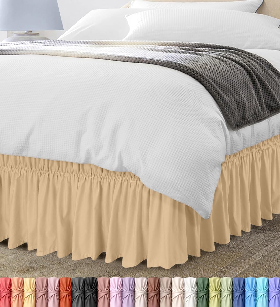 Wrap Around Queen Bed Skirt, Easy Fit Elastic Belt, 16 Inch Drop, eige | No Mattress Lifting, Stay-Put Design, Adjustable Buckle & Elastic Belt, Wrinkle & Fade Resistant, Brushed Microfiber