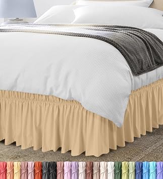 Wrap Around Queen Bed Skirt, Easy Fit Elastic Belt, 16 Inch Drop, Beige