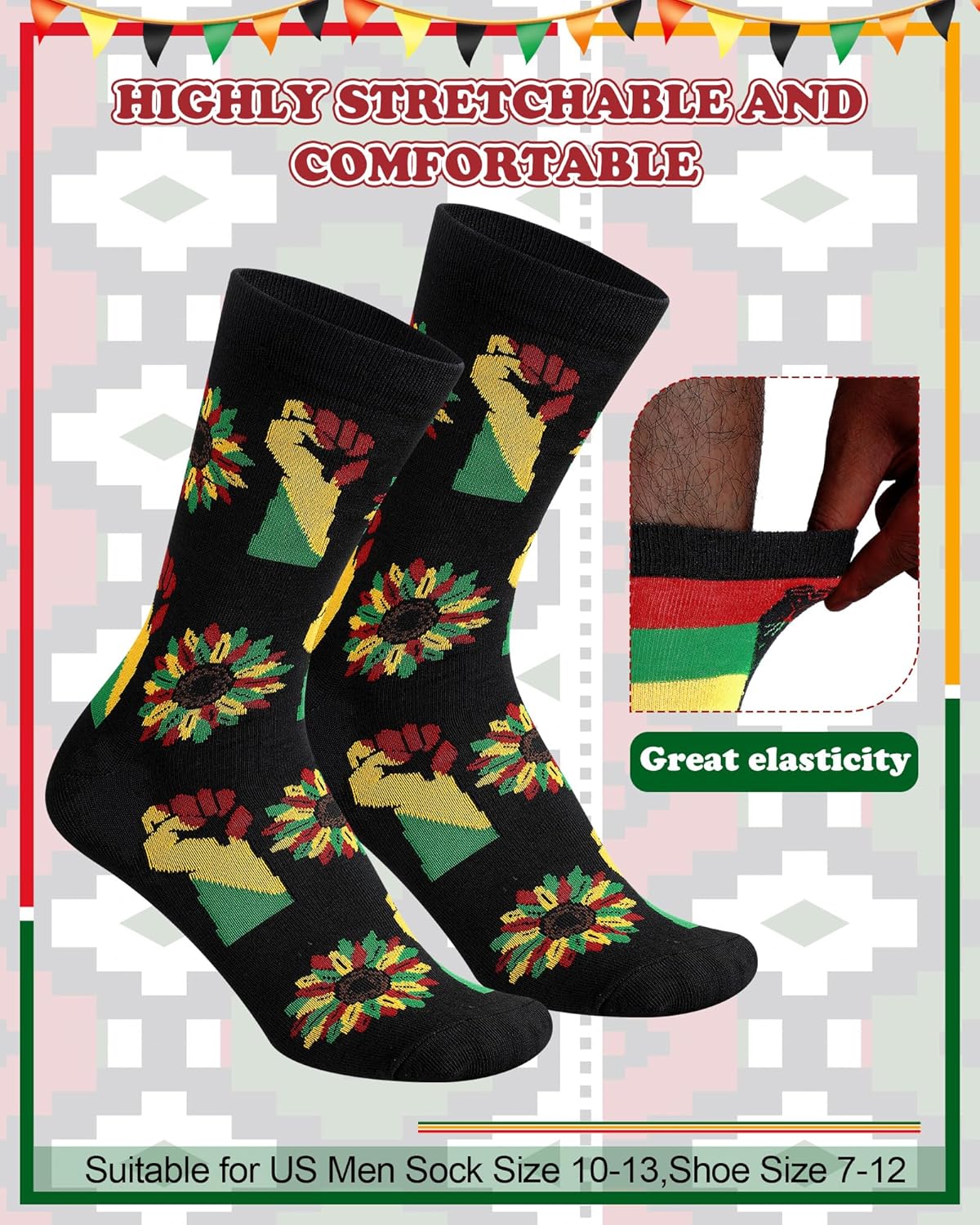 6 Pairs Black History Month Socks for Men Novelty African Flag Crew Socks Juneteenth Dress Black History Gifts for African Men - Image 2