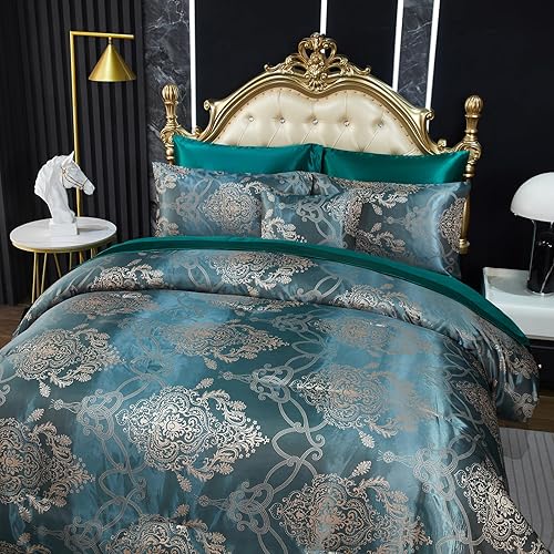 Vista 2 de Juego de edredón de jacquard verde, juego de sábanas, elegante juego de ropa de cama de 8 piezas bordado, diseño floral neoclásico, decoración