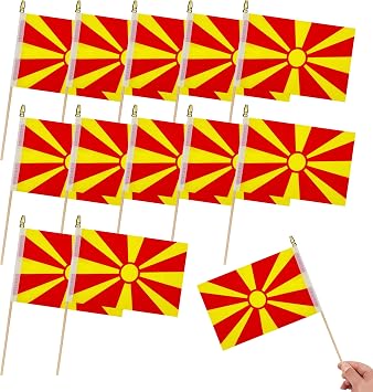 12Pcs Small Macedonia Flags on Wooden Stick Mini Macedonian Flag Hand Held Flag Decorations,5x8 Inch