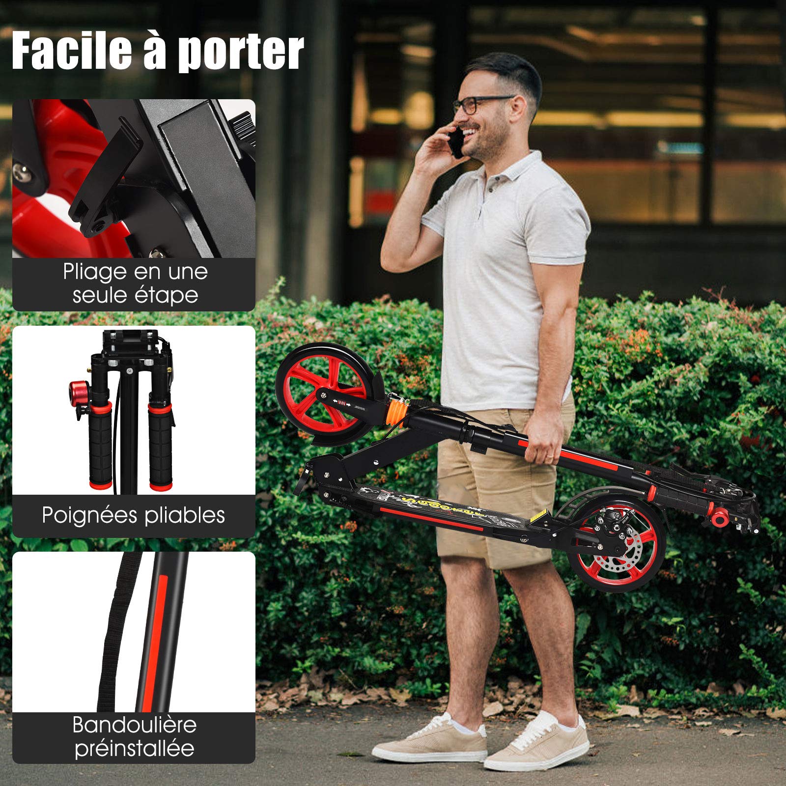 GOPLUS Trottinette Pliable avec Freinage Double, Guidon Réglable (86,5-101CM), Système d'Absorption de Choc pour Adultes, Enfants Plus de 8 Ans, Jusqu'à 100kg