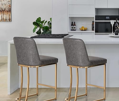 Miniatura 53 de Juego de 2 taburetes de bar de altura de mostrador de color blanco cremoso de 24 pulgadas, modernos taburetes de bar dorados con respaldo tapizado