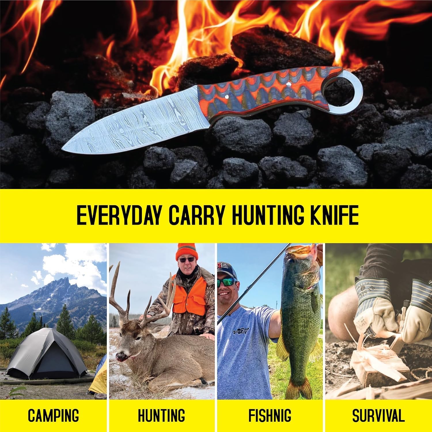 Handgeschmiedetes Jagdmesser mit Lederscheide – Bushcraft Messer mit feststehender Klinge & ergonomischem Rosenholzgriff – Outdoor Survival Scout Messer