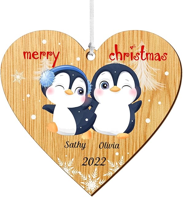 Personalised Christmas Baubles Christmas Decorations Tree Baubles 2022 Custom Xmas Tree Decoration for Family UV Print Wooden Christmas Hanging Ornament Gift (Heart Family of 2)