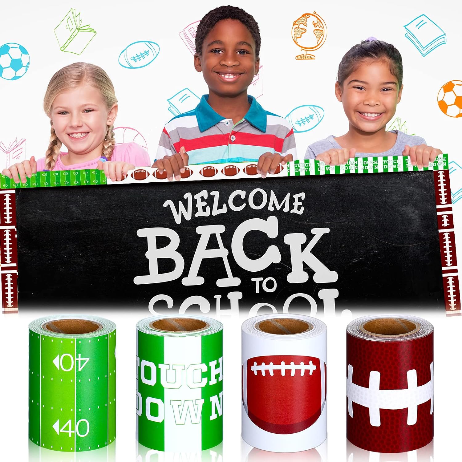 Yexiya 4 Rolls 131 ft Football Bulletin Board Borders Sport Bulletin Board Decorations Football Field Trim for Locker Preschool Classroom Chalkboard Door Windows