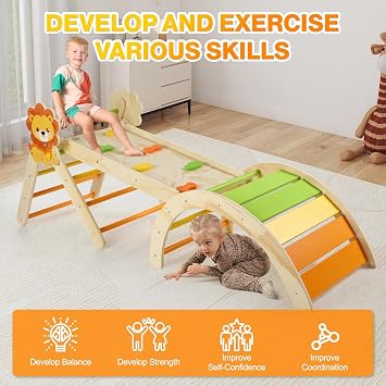 Climbing Frame with Soft Cushion, 7 in 1 Foldable Indoor Climbing Frame, Montessori Baby Toddler Climbing Toys Indoor, Climber Indoor Set with Arch, Ramp, Ladder (Lion)