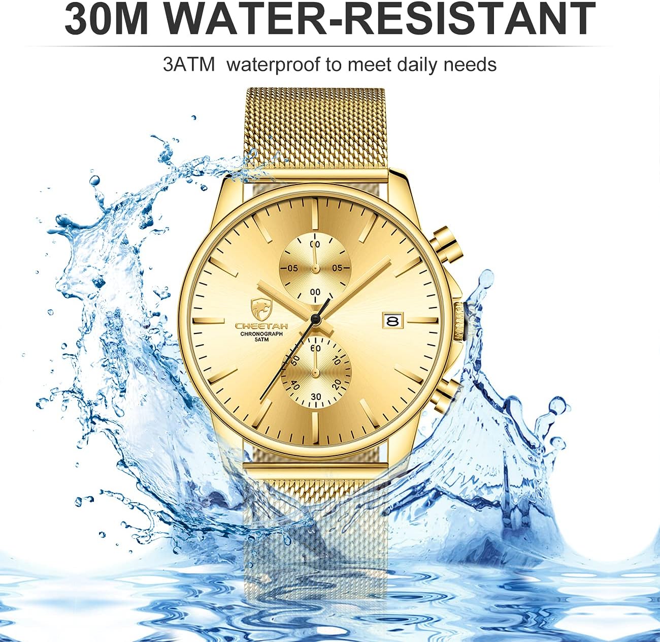 GOLDEN HOUR Mens Watch Fashion Sleek Minimalist Quartz Analog Mesh Stainless Steel Waterproof Chronograph Watches for Men with Auto Date - Image 5