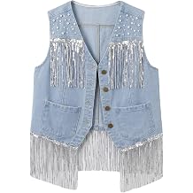 Ladyful Denim Fringe Vest Top Women Western Cowgirl Pearl Cropped Jean Vest