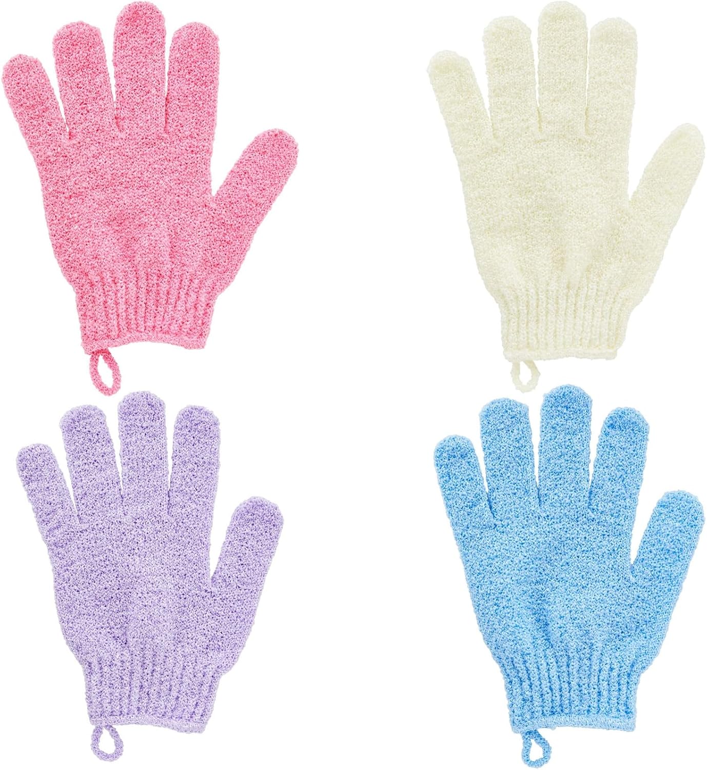4 Pairs Body Exfoliating Gloves for Shower, Bath Scrub Wash Mitt for Women, Men, Spa, Massage (Pink, Purple, Blue, Beige)
