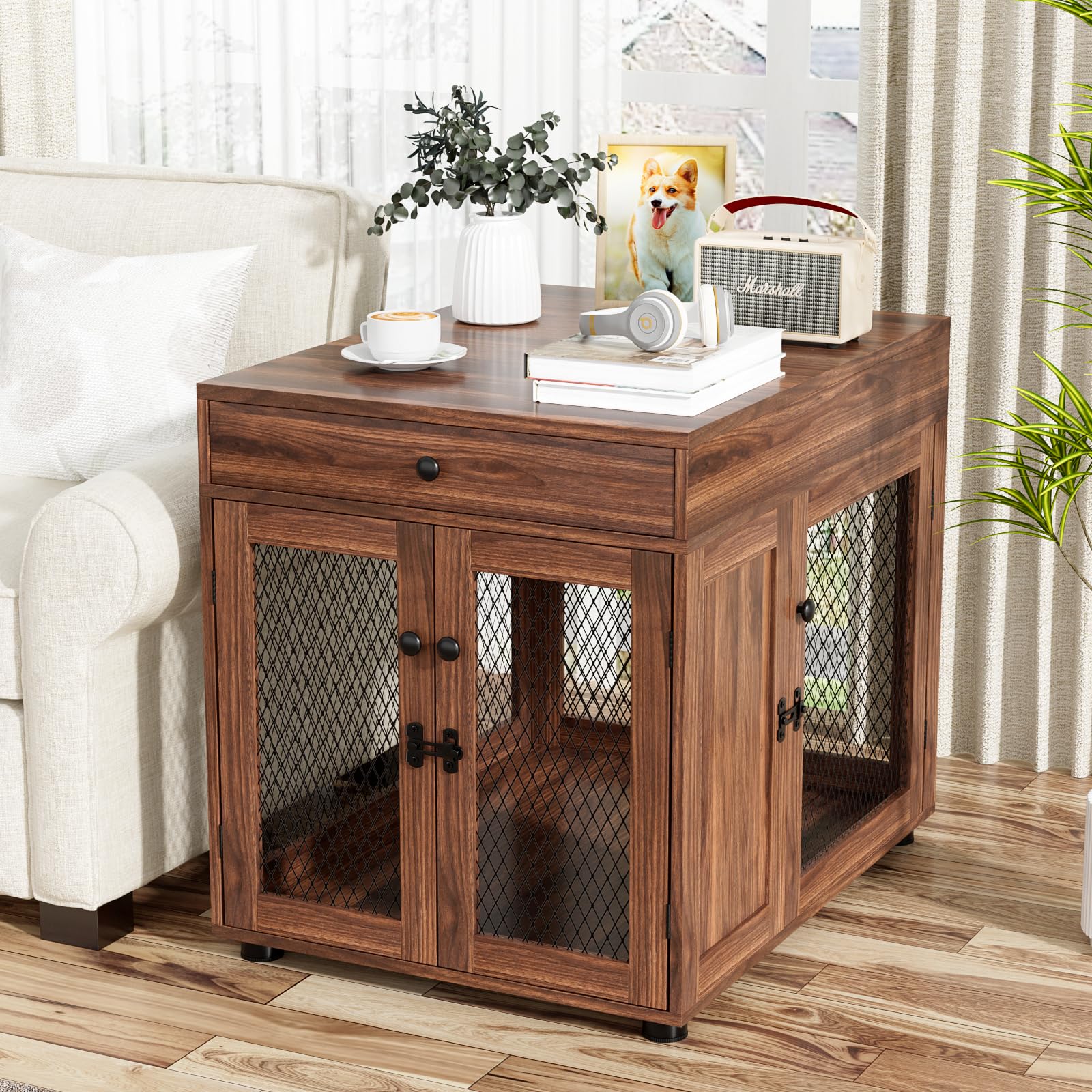 VOWNER Muebles para Jaulas de Perros, 3 Puertas Caja de Madera con Cajón, Moderna Caseta para Perros como Mesa Auxiliar, 60 x 80 x 69 cm, para Perros Pequeños/Medianos de hasta 30 kg, Marrón Nogal