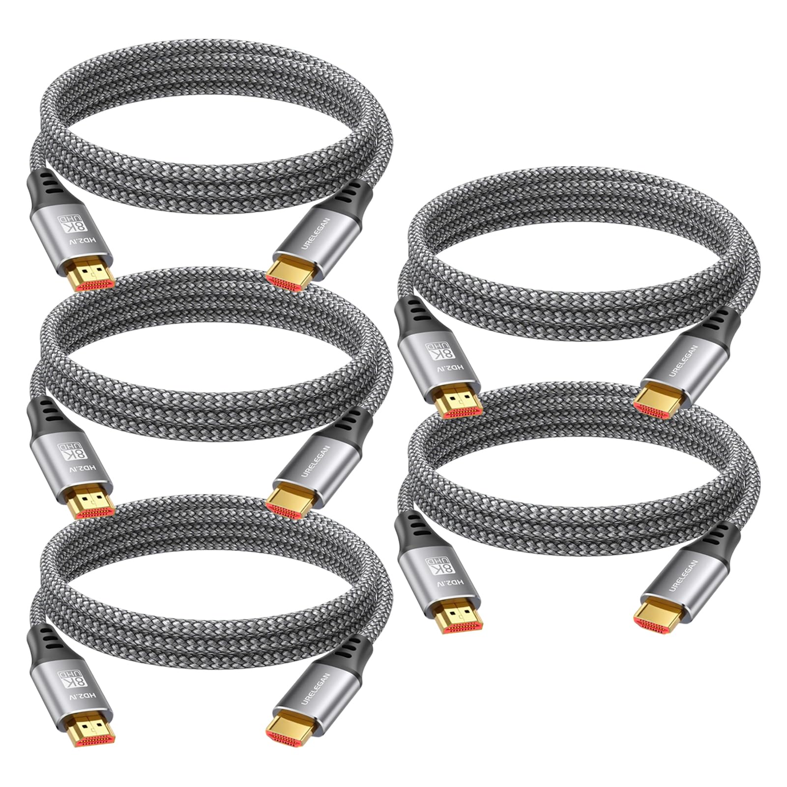 URELEGAN 8K 4K HDMI Cable 6FT 5-Pack, HDMI to HDMI Cord 4K@120Hz/144Hz, 8K@60Hz, HDMI 2.1 Support eARC, HDCP2.3/2.2, HDR10+ for KVM, Fire TV Stick,
