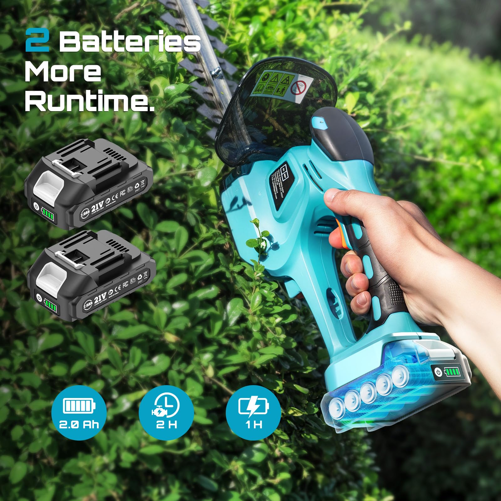 SEESII Telescópico Cortasetos Bateria: Tijeras de Césped Inalámbricas 4 en 1 y Cortasetos Eléctrico de 20cm para Jardín – 2*Batería de 2,0Ah, para setos ramitas Finas y céspedes
