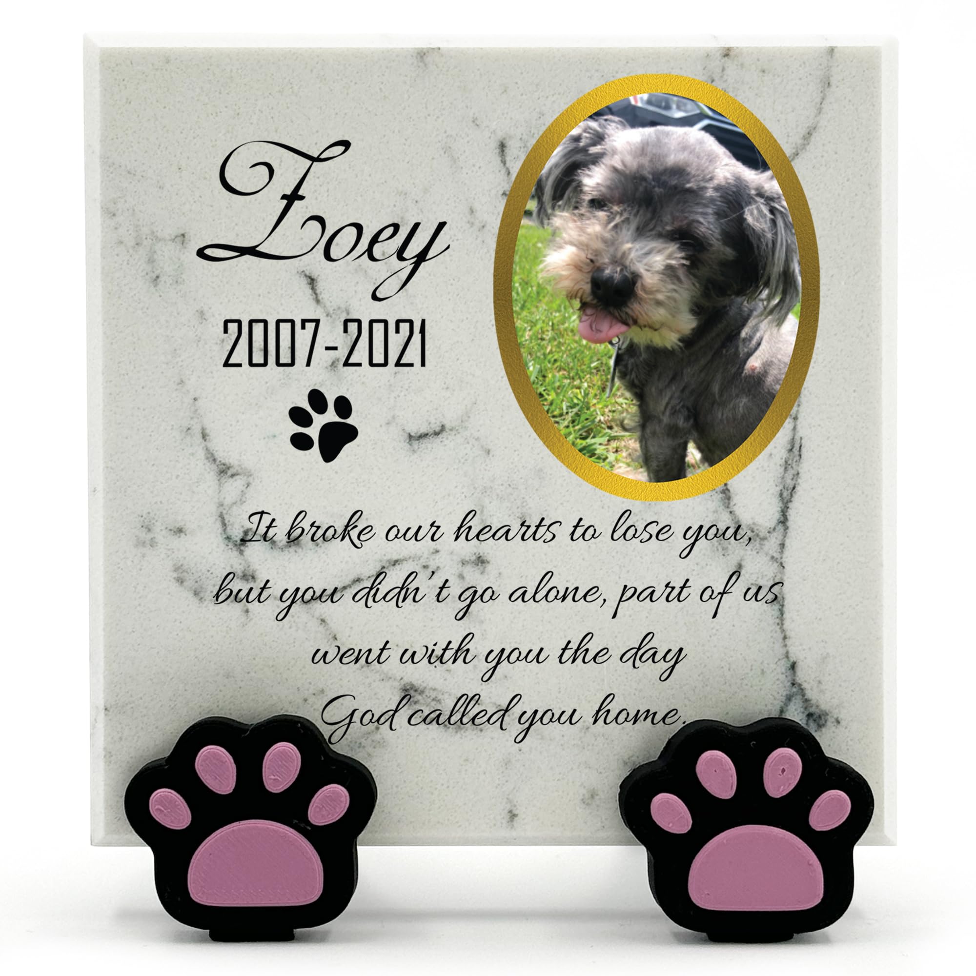 TULLUN Personalised Memorial White Marble Stone Plaque With Paw Dispaly Stand For Pet Cat Dog Grave Marker - Size |4" x 4" or 10 x 10 cm|- Photo