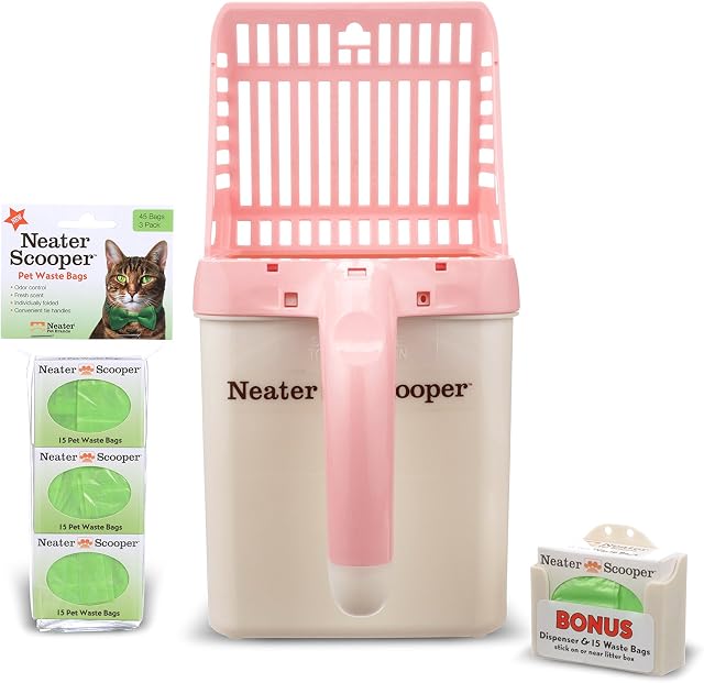 Neater Pet Brands - Neater Scooper Cat Litter Scoop and 60 Count Refill Bag Bundle - Cat Litter Sifter Poop Scoop System with Extra Waste Bags, Pink