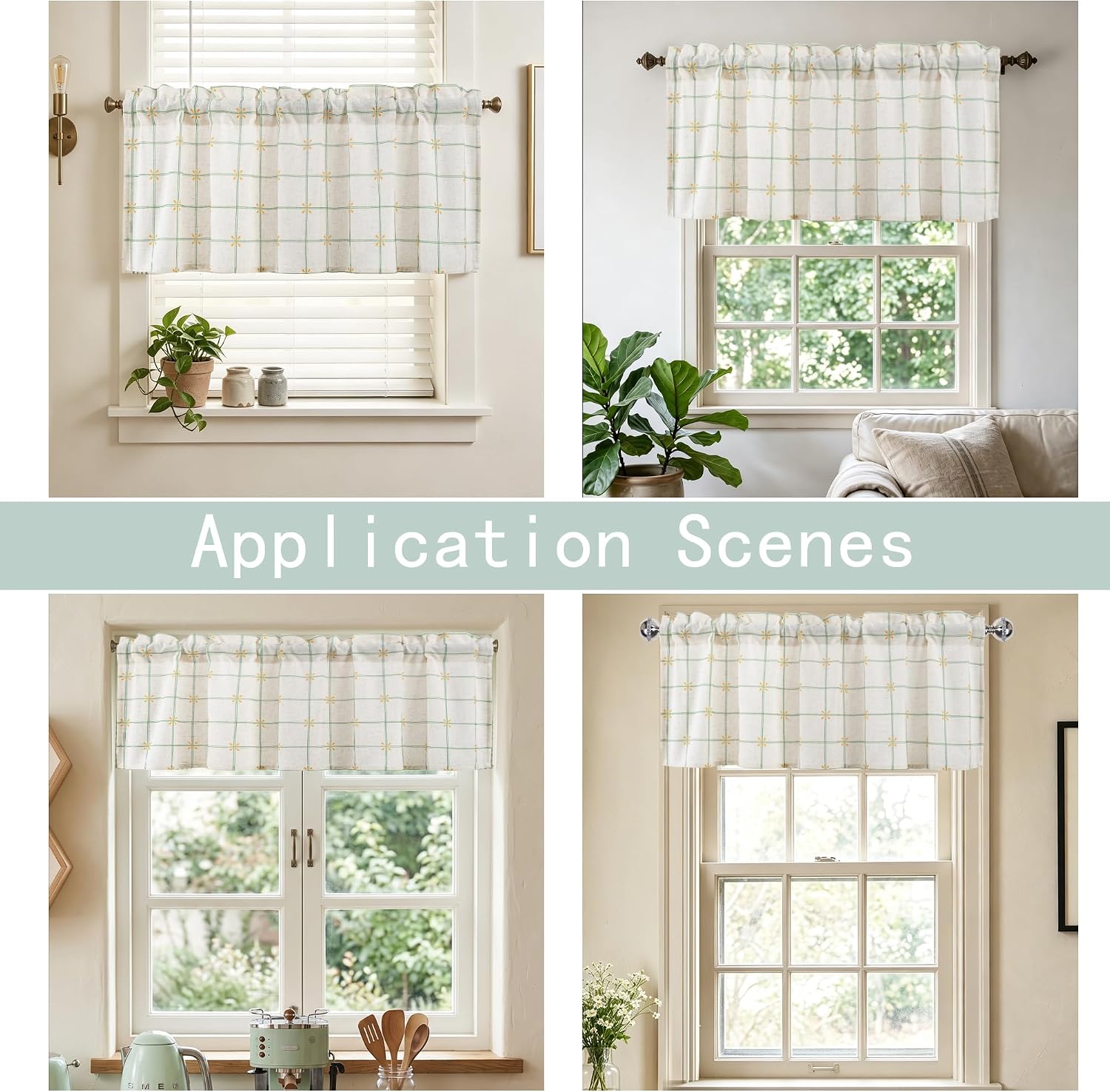 JIUZHEN 52x18 Inch Kitchen Valance - Thick Textured Linen Plaid Window Valance Curtain with 3" Rod Pocket, Green Plaid with Yellow Flowers (1 Panel)