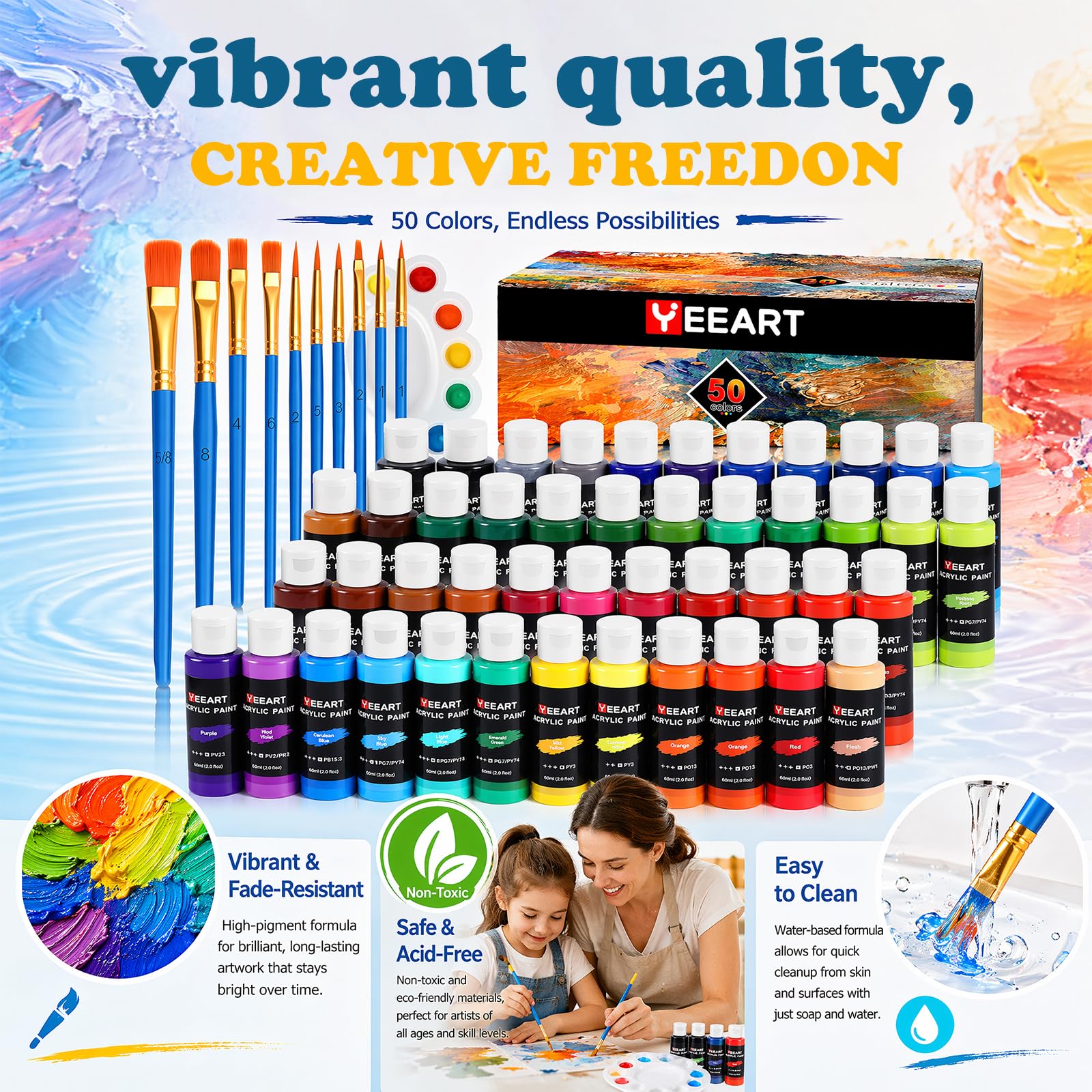 Juego de pinturas acrílicas, 50 colores × 60 ml, juego de pinturas acrílicas para adultos, 10 pinceles, no tóxico, resistente al agua, pigmentos ricos para adultos sobre piedras, lienzo, madera