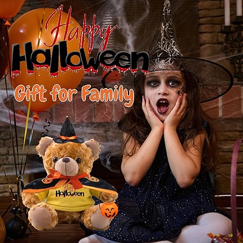 Miniatura 6 de Oso de peluche de Halloween personalizado con texto personalizado, juguetes de Halloween con decoración de calabaza desmontable, sombrero y capa de