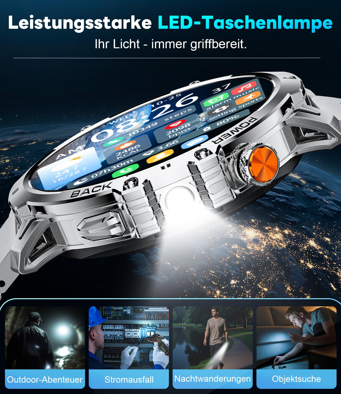 LIGE Montre Connectée Homme avec 1000mAh/1,85'' HD Grand Écran/LED Lampe,Smartwatch Homme avec Moniteur de Fréquence Cardiaque et Sommeil/110+ Modes Sportifs,IP68 Étanche Android iOS,Argenté