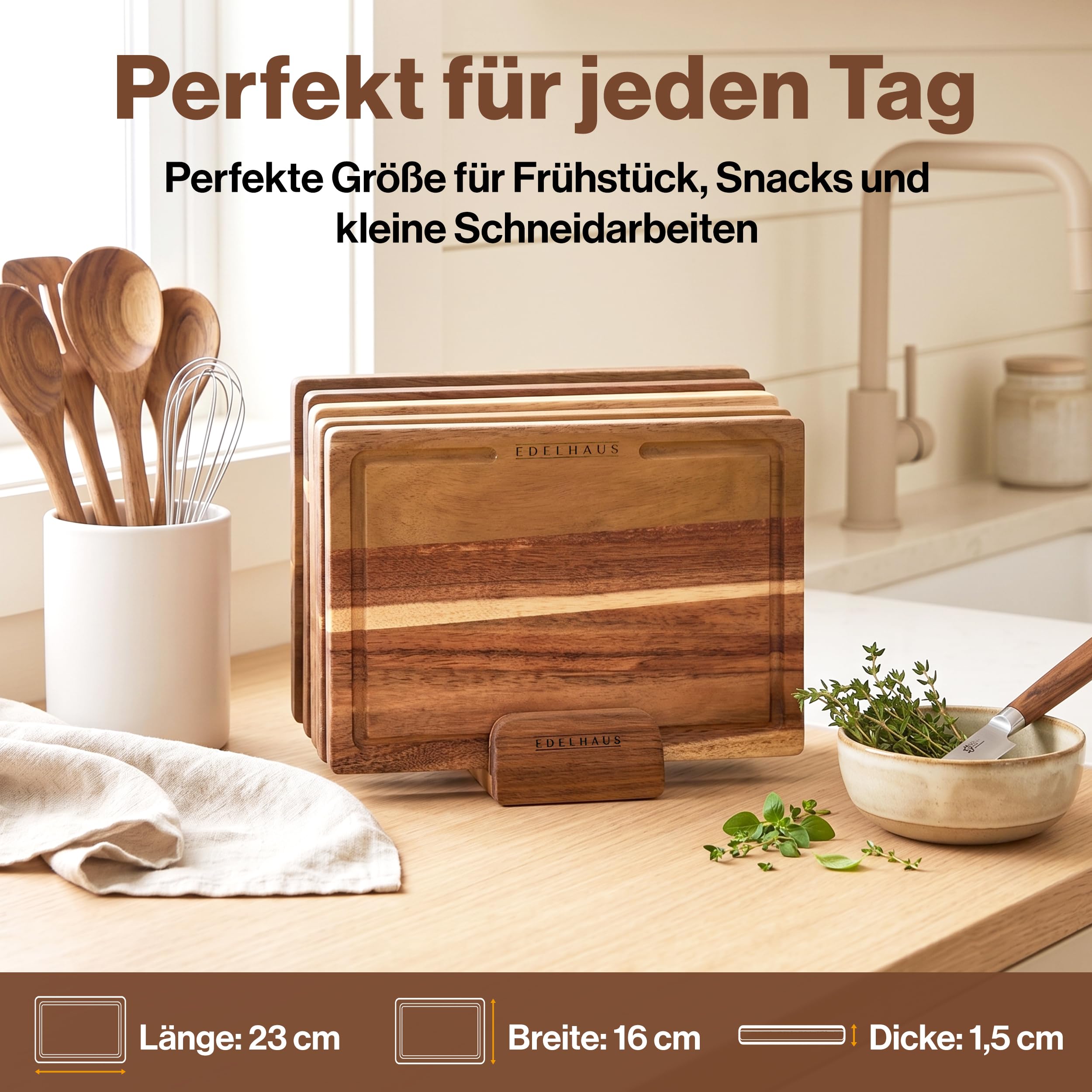 EDELHAUS Frühstücksbrettchen 5er Set, Schneidebrett Holz Akazie 23x16 cm