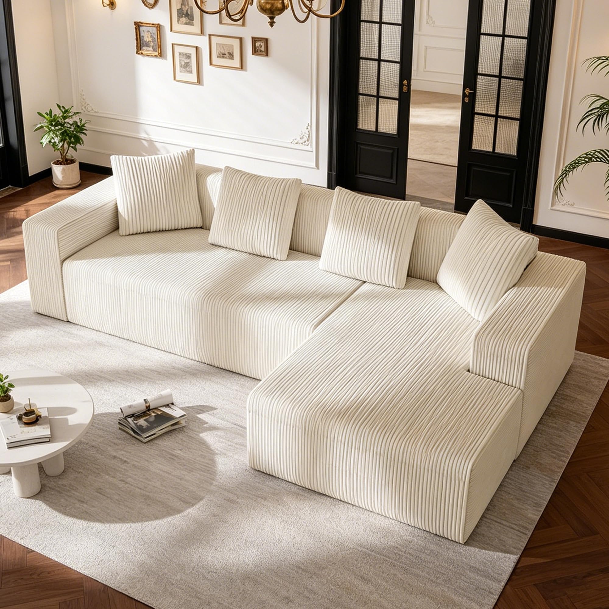 Sofá esquinero modular de 261 cm, sofá de 3 plazas comprimido con chaise longue profunda y 4 cojines, sofás combinados de espuma viscoelástica para sala de estar, apartamento, color blanco