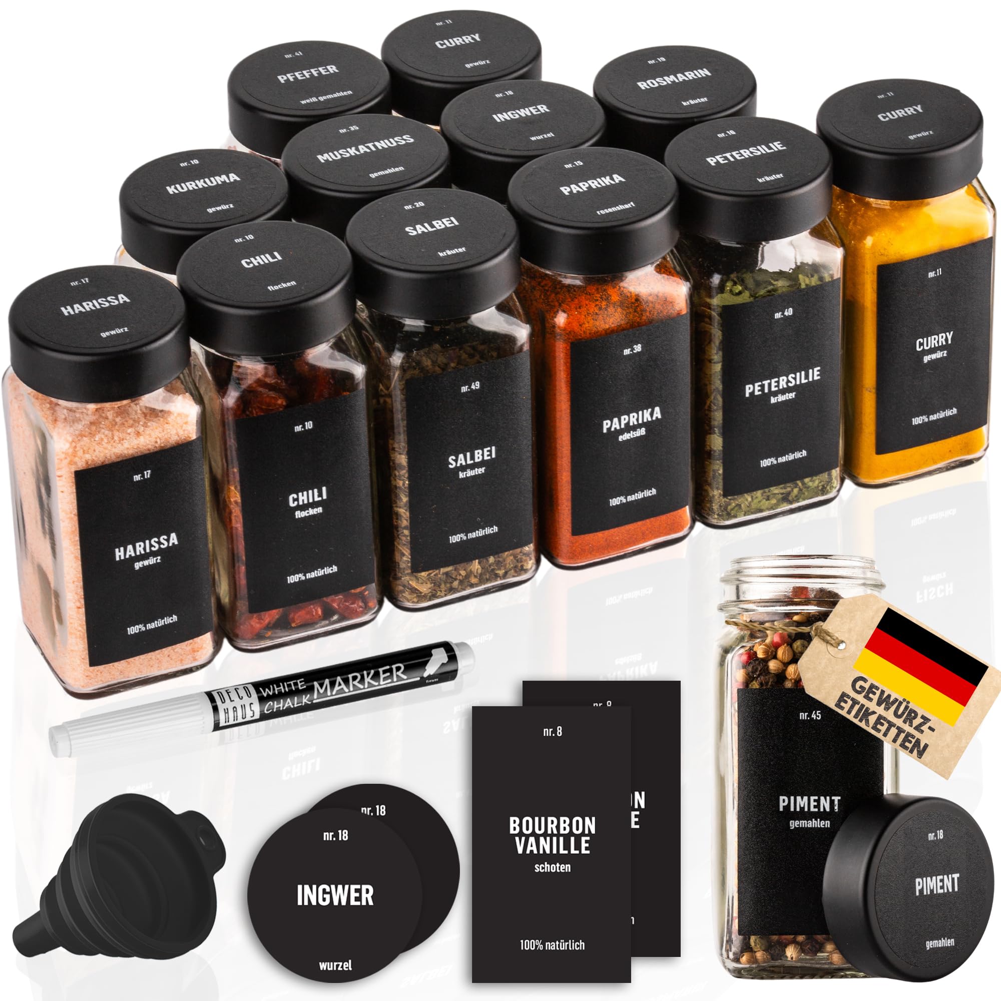 Deco haus® Gewürzgläser eckig luftdicht [inkl. Etiketten & Streueinsatz] - Gewürzdosen Set Glas - Gewürzbehälter Spice Jars - Gewürze Aufbewahrung - Gewürz Organizer - Gewürzaufbewahrung
