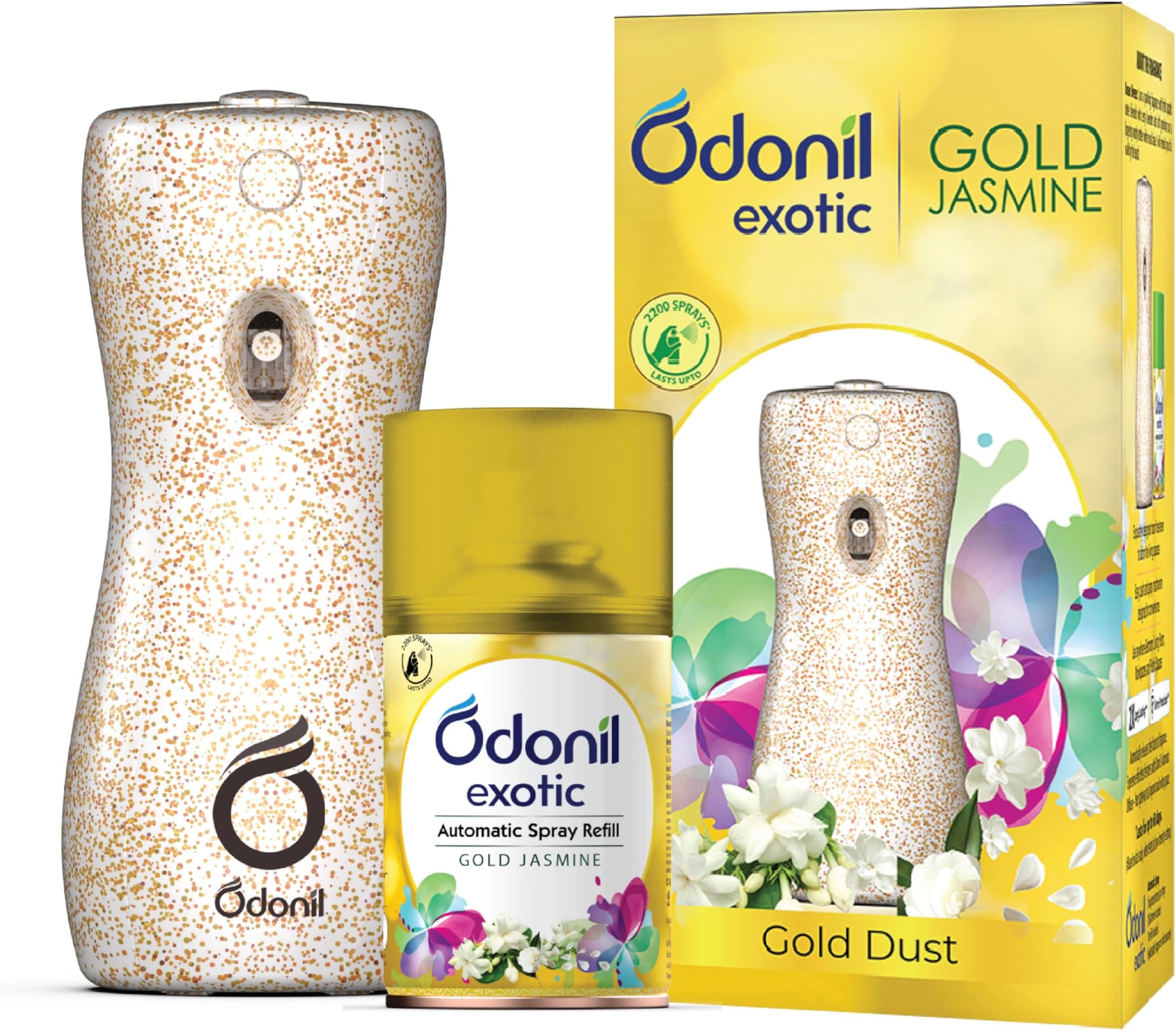 Odonil Exotic Automatic Spray - 225Ml | Machine + 1 Refill | Gold Jasmine | 2X Long Lasting | 2200 Sprays Guaranteed | Lasts Upto 60 Days | Suitable for Washroom, Gym area, Living Room & Office