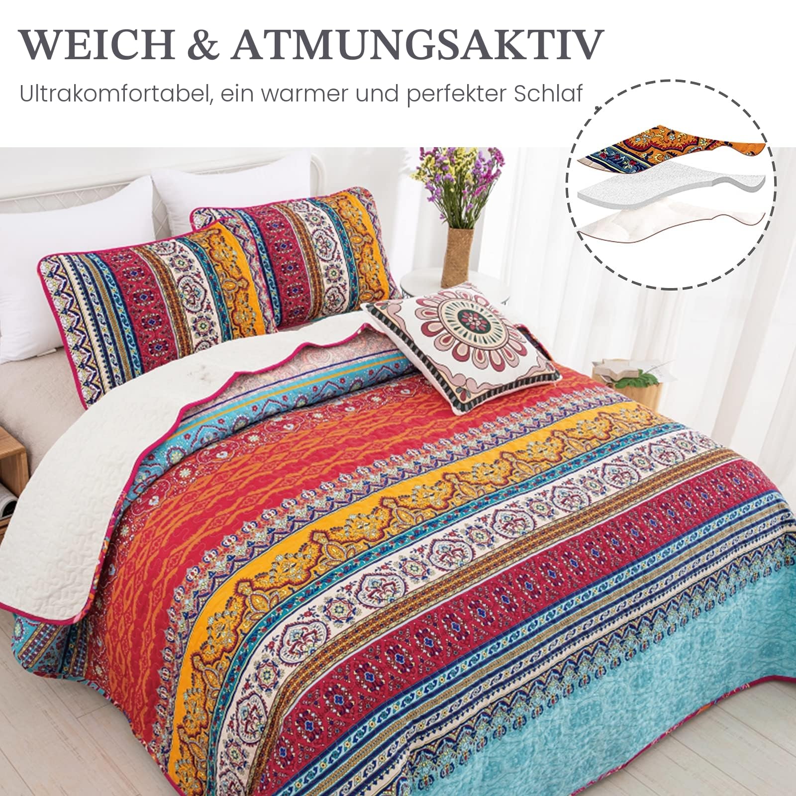WONGS BEDDING Tagesdecke 220x240 Bettüberwurf Boho Steppdecke 3-teilig Mikrofaser mit 2 Kissenbezug 50x70
