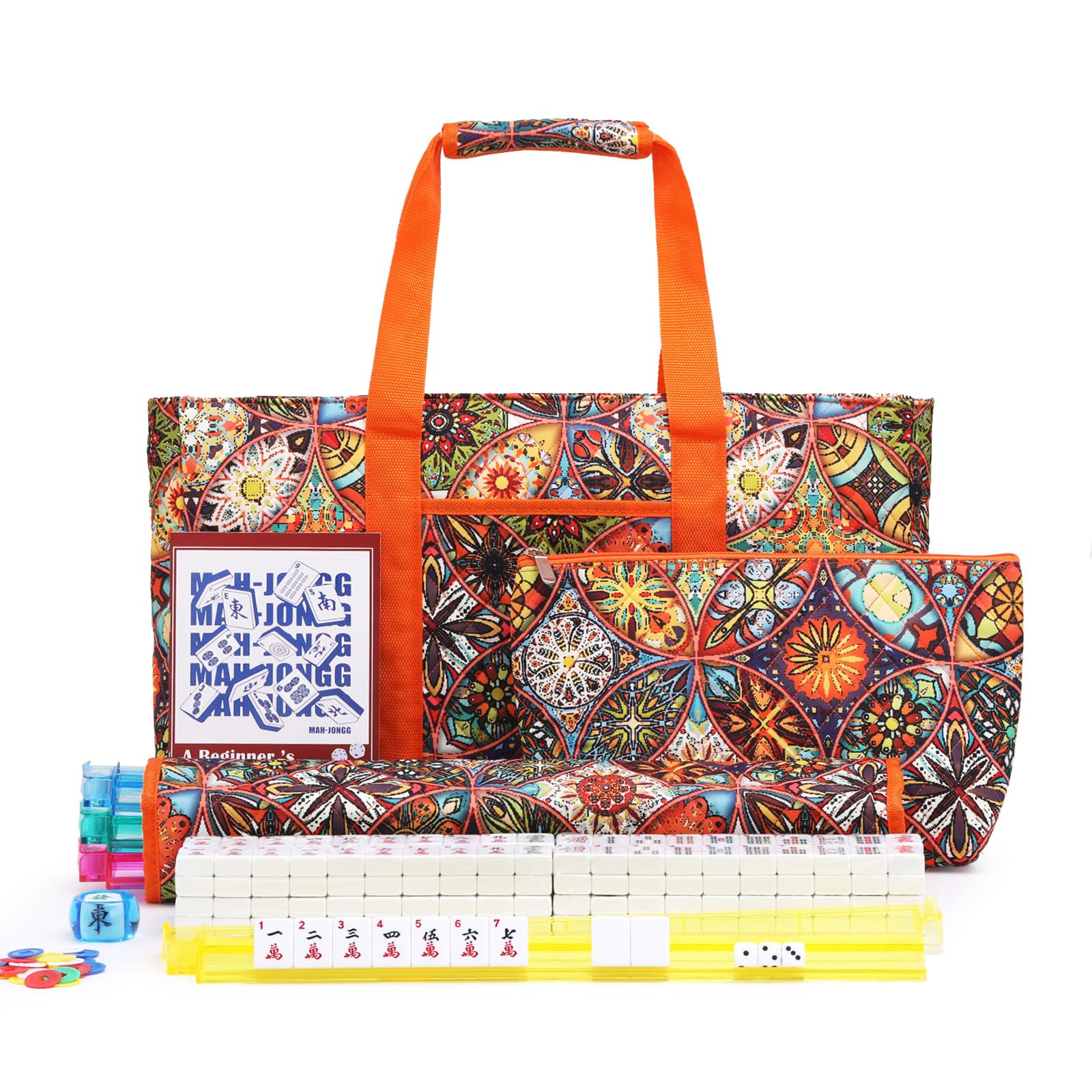 Set di piastrelle American Mahjong con borsa per il trasporto stampata arancione, 166 piastrelle bianche premium, 4 rack all-in-one colori/pusher, set Mah Jongg, set completo da gioco Mahjong