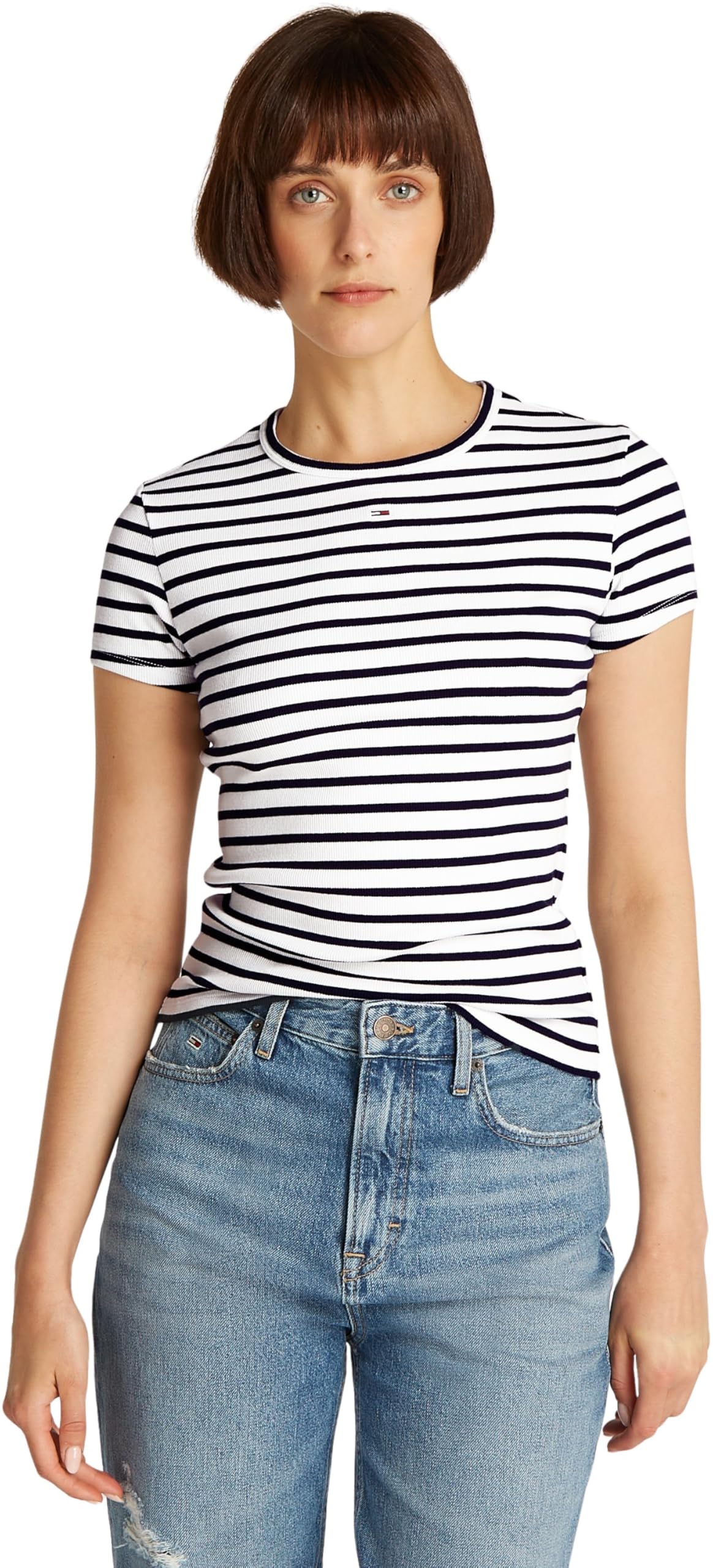 Tommy Jeans Women's Short Sleeve Logo Ribbed T-Shirt - Navy/Stripe - 12 (M)