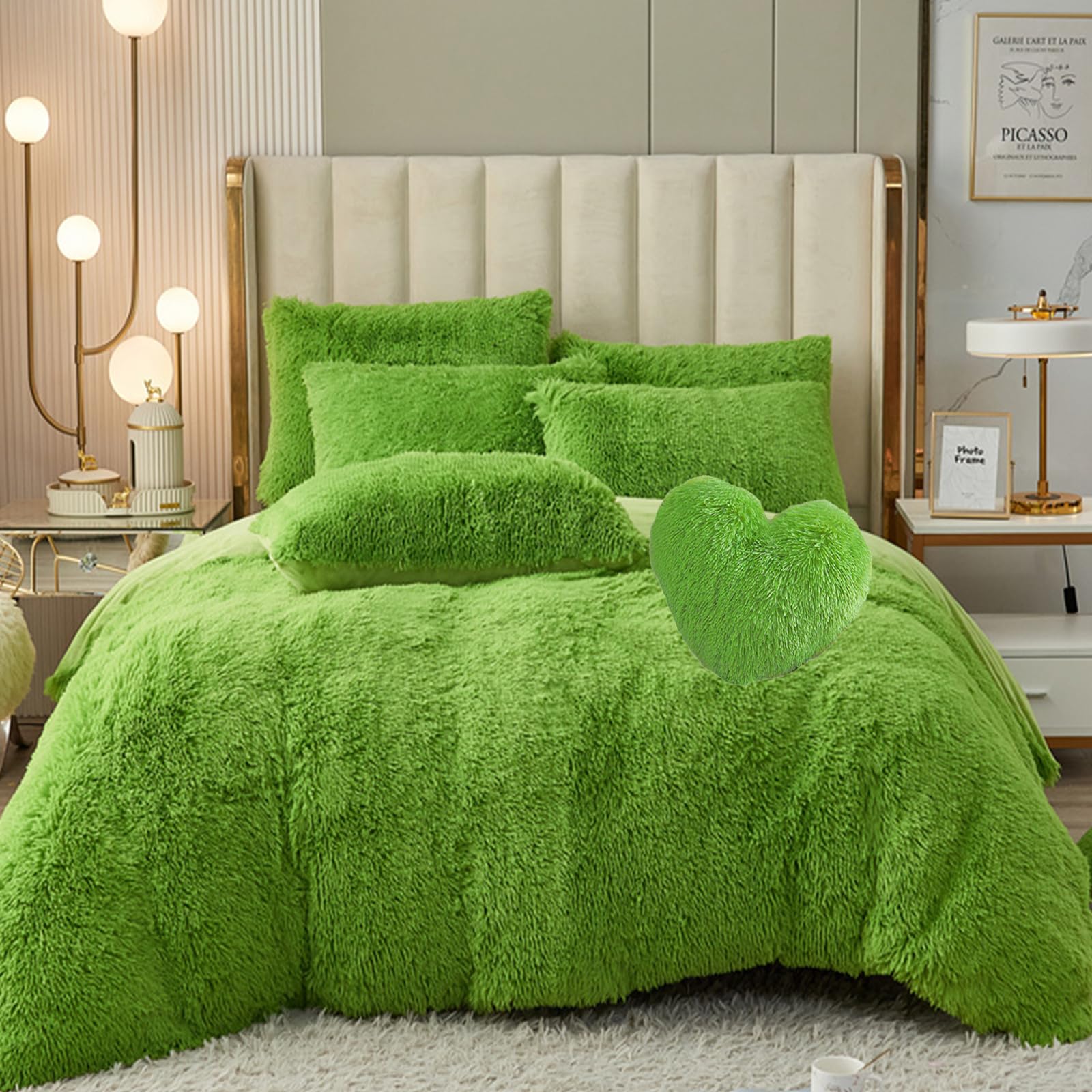 MorroMorn 5 PCS Shaggy Duvet Cover Bedding Set - Fluffy Comforter Cover Long Faux Fur Luxury Ultra Soft Cozy (Green, King/California King)