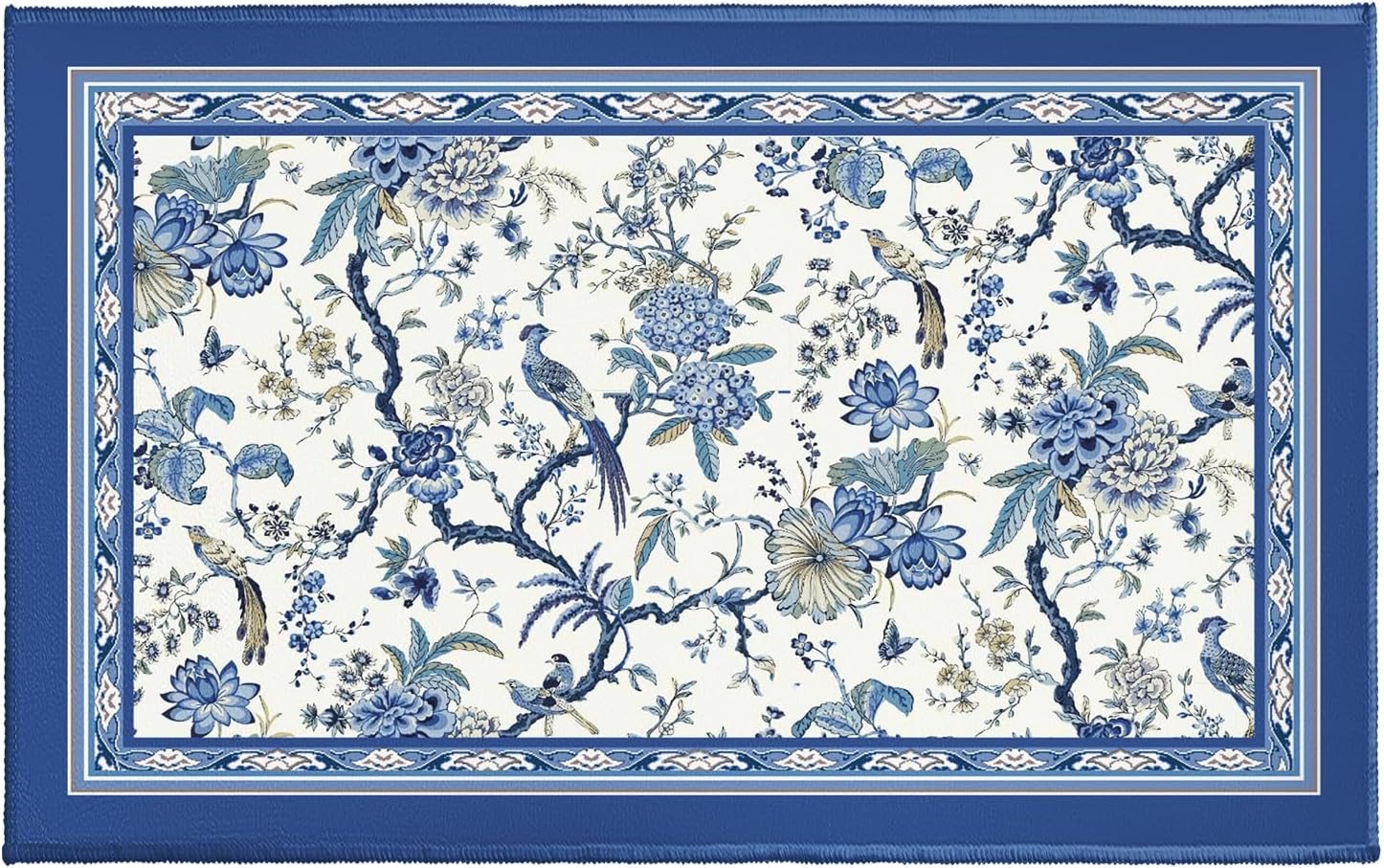 Chinoiserie Bath Rug 32x20 Inch, Blue White Birds Floral Bathroom Mats, Porcelain Oriental Flower Non-Slip Absorbent Bathroom Rugs for Bedroom Shower Room Bathtub Bedside Sink