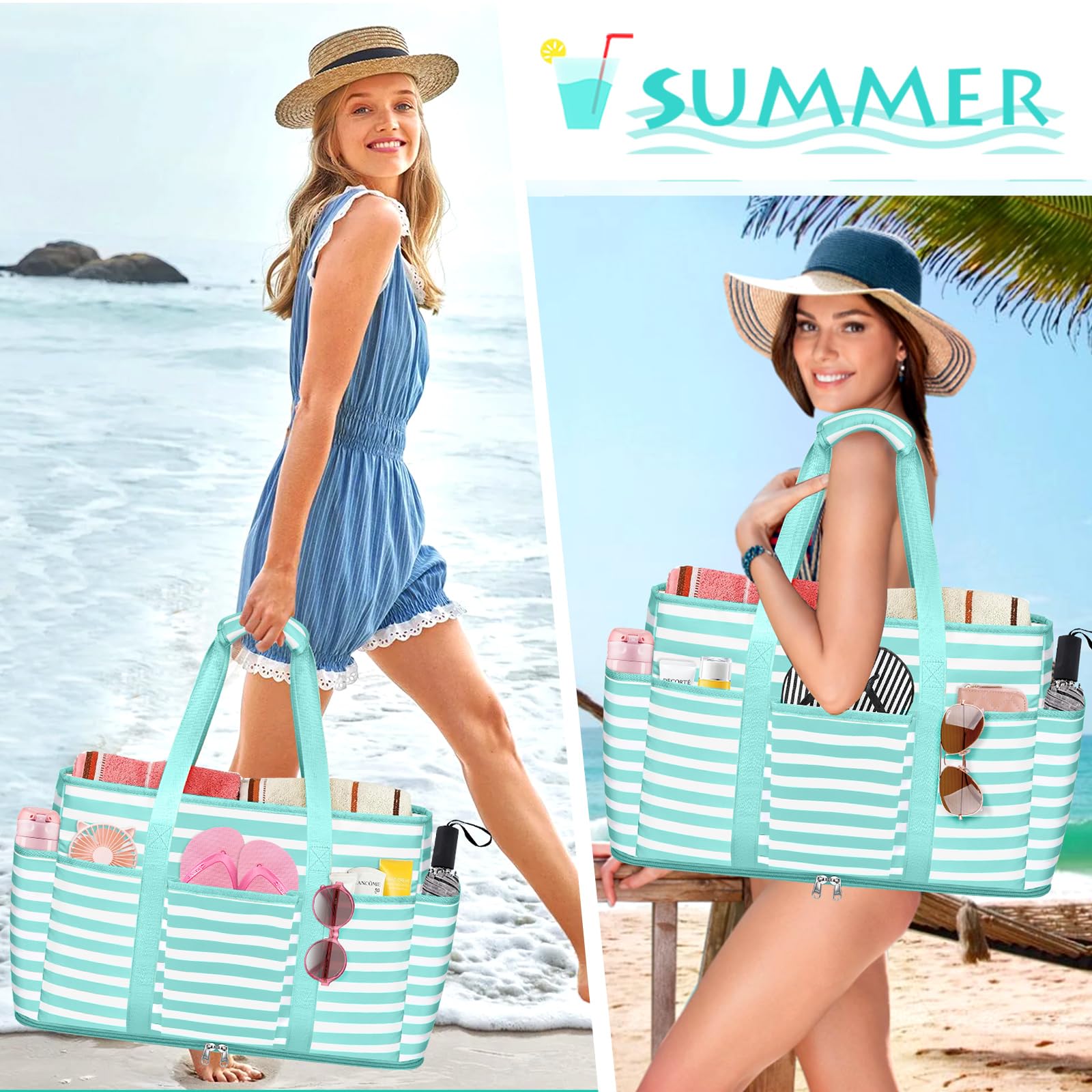Bolsa de Playa Grande XXL Familiar con Cremallera - Bolso Shopper de Malla para Mujer - Tote de Hombro para Viaje, Compras, Gimnasio - 50x20x35cm