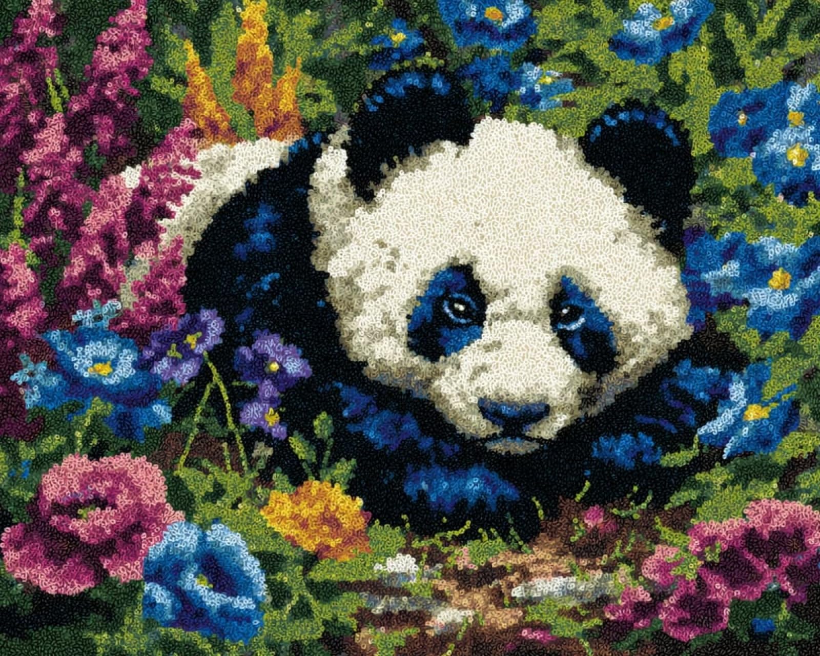 Wallphantom DIY Latch Hook Rug Kit,Pandas and Flowers,Latch Hook Kits for Adults,Home Carpet Rug Making,Needlework Crafts Rug for Home Decor,60x90cm