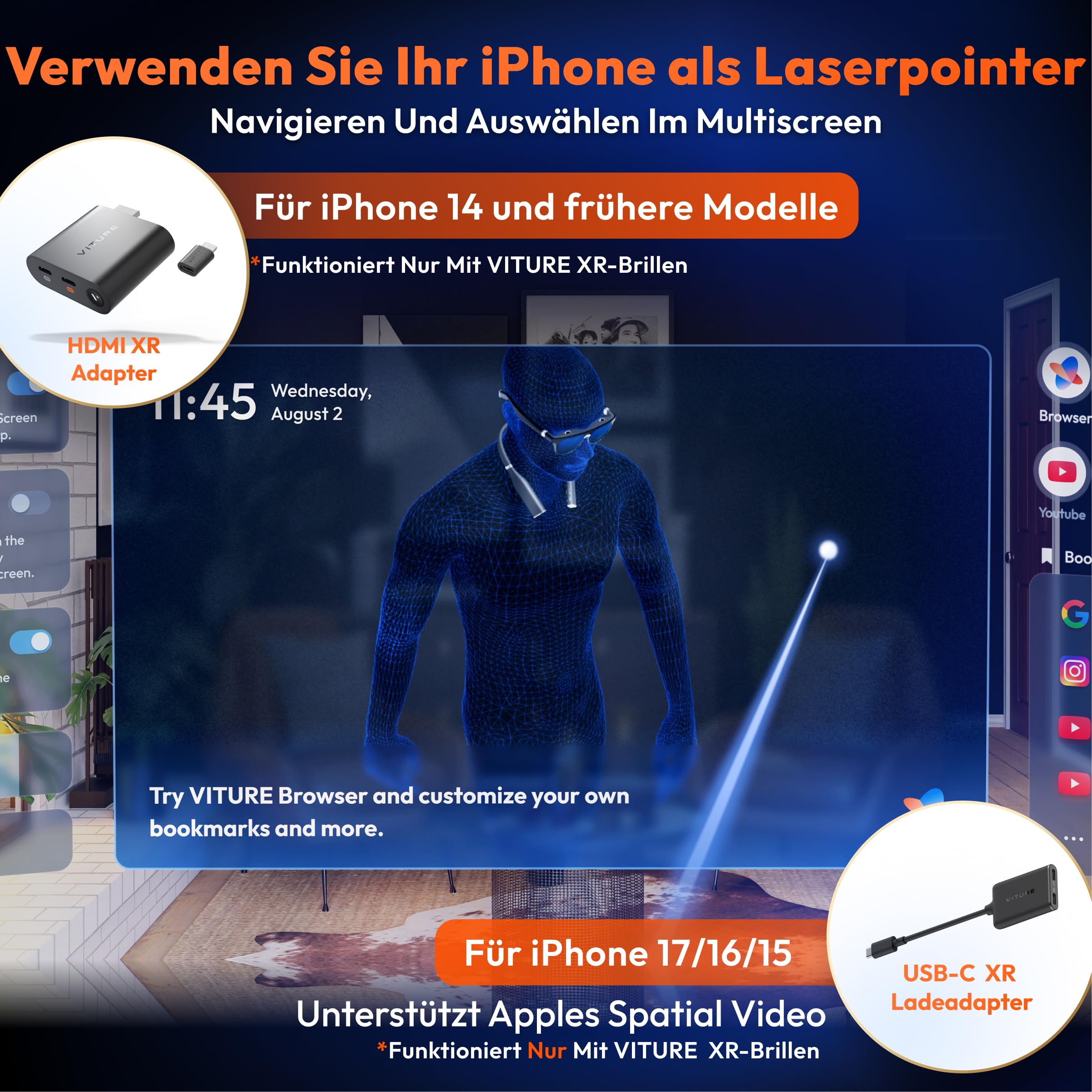 VITURE HDMI XR-Adapter für iPhone 14 & frühere Modelle, ermöglicht MultiScreen/verbesserte 3DoF/VR-Videos,2,8 Stunden Batterielaufzeit, Laden während des Spielens, Direkt auf PS/Xbx/konsolen