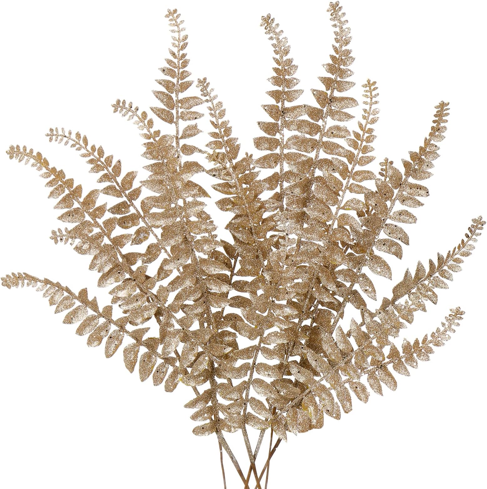 6PCS Christmas Glitter Leaves 63cm Artificial Boston Fern Champagne Glitter Leaf Floral Picks Christmas Tree Decorations Artificial Leaves Stem for Xmas Tree Ornaments New Year Flower Arrangment