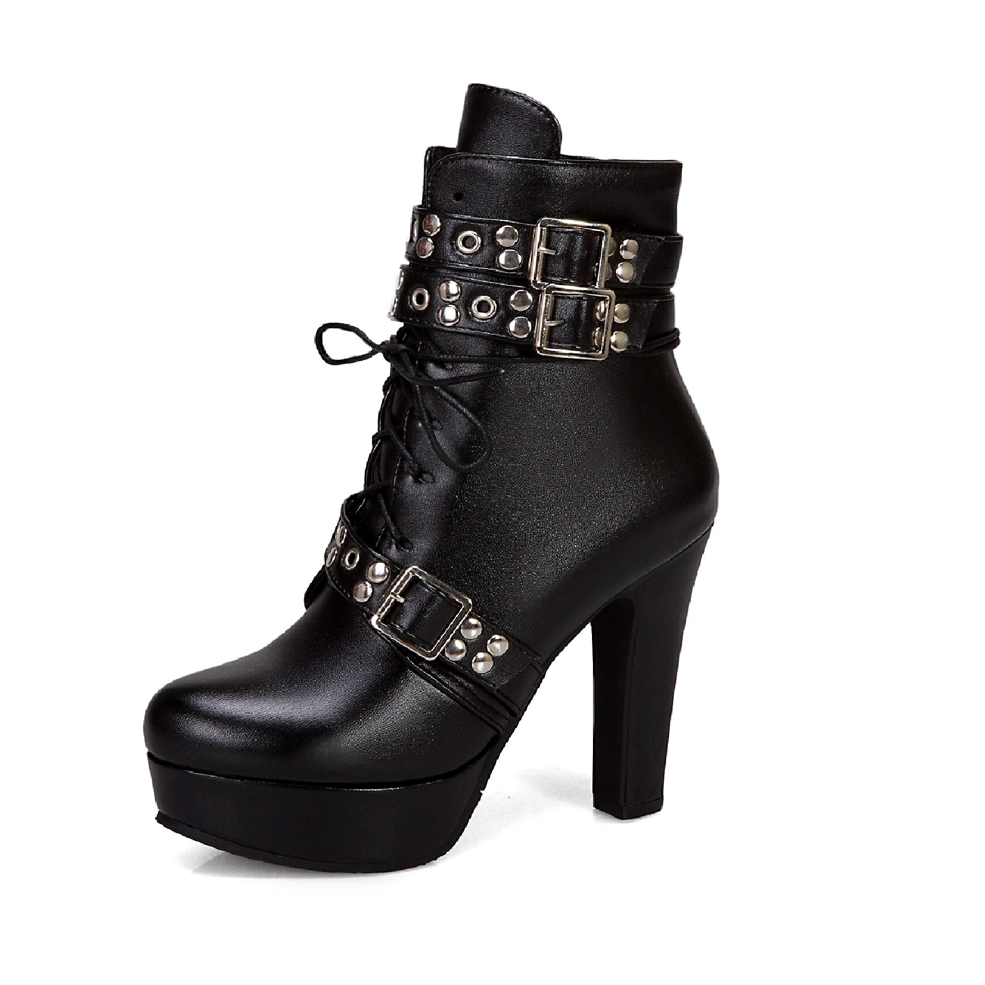 JIEEME Moda de mujer con cordones Cremallera Tacón bloque Tacón alto Punta redonda Plataforma Caminar Fácil Cómodo Botas de caña corta para mujer z39961