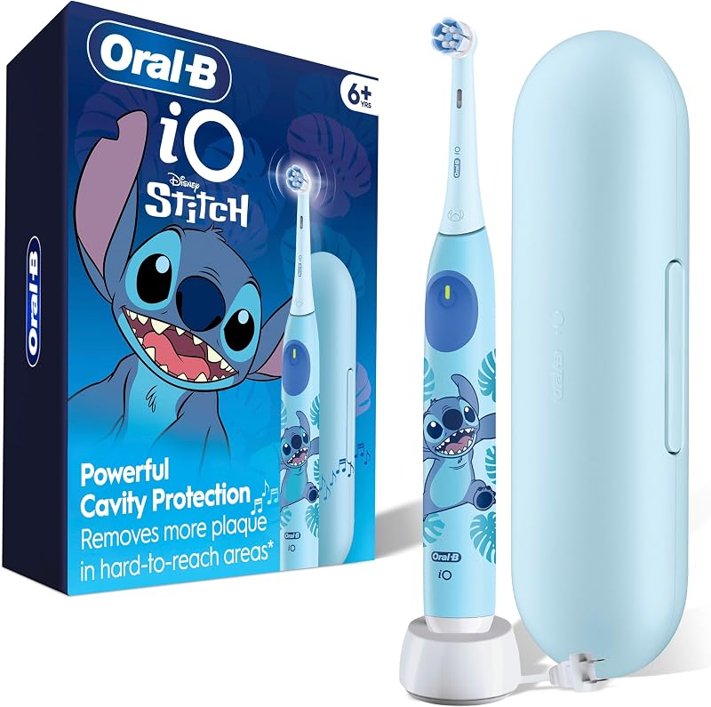 iO Kids Limited Rechargeable Electric Powered Toothbrush, Stitch - Automatic Pressure Sensor - 3 Cleaning Settings - Music Timer - 28 Day Battery Life - Travel Case