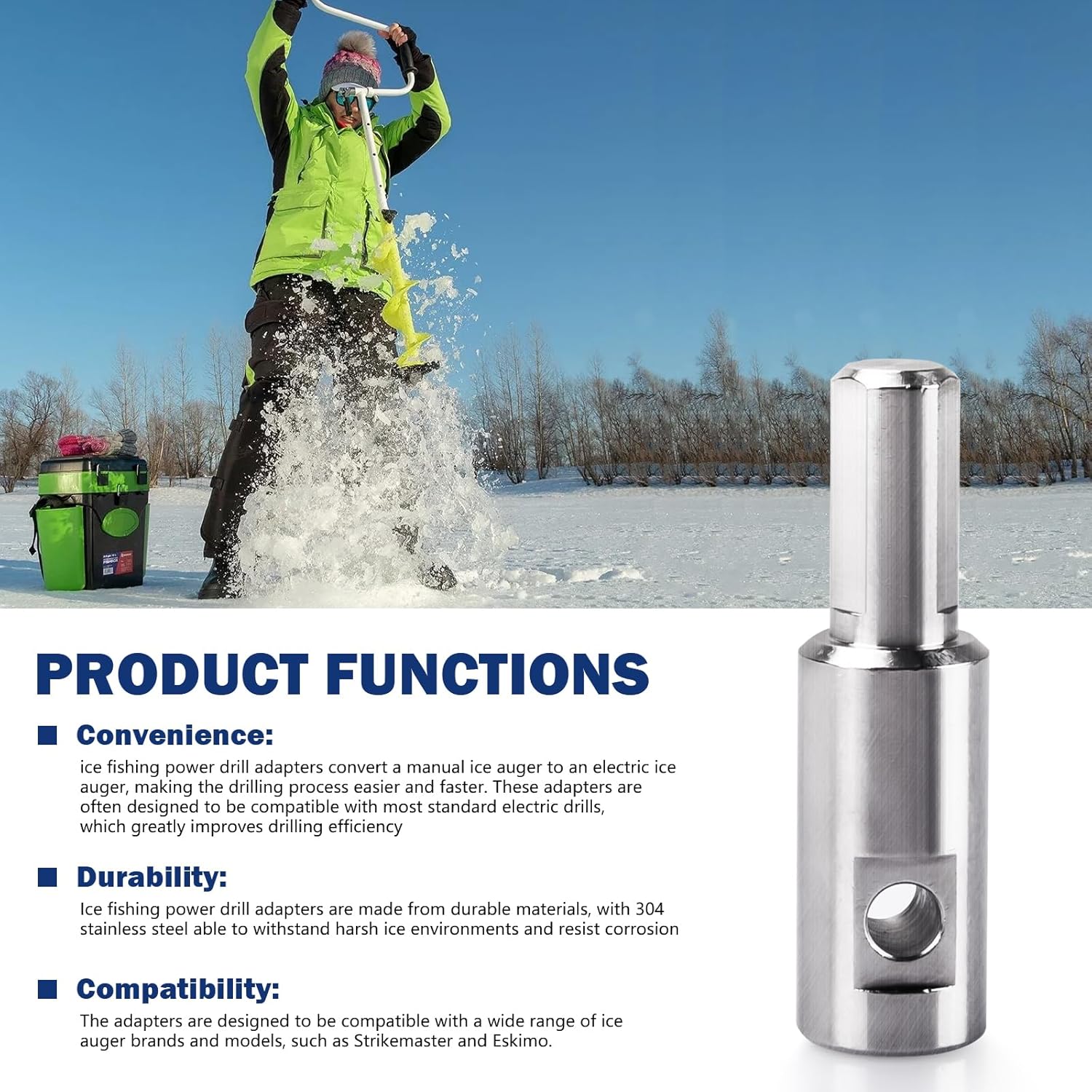 Ice Auger Drill Adapter Fits 1/2" Plus Drill Chuck, Hand Ice Fishing Auger Drill Bit 1/4" Hole Fits for 1/4"-20 Wing Bolts & Locking Screws Connect with Cordless Electric Power Drill, 1 PCS.