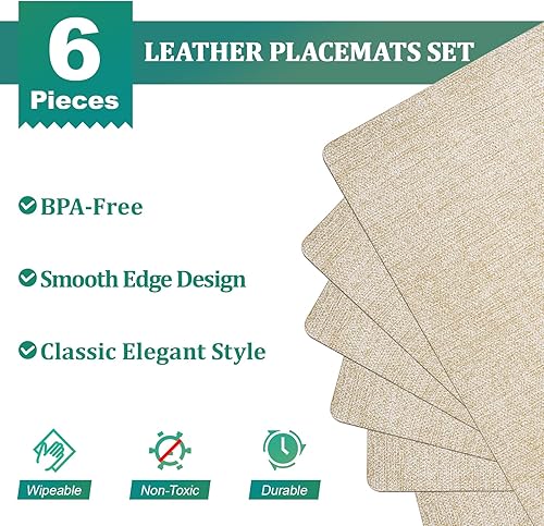 Miniatura 3 de FOCUSLINE Juego de 6 manteles individuales de piel sintética, manteles individuales beige, impermeables y antideslizantes, para uso en interiores y