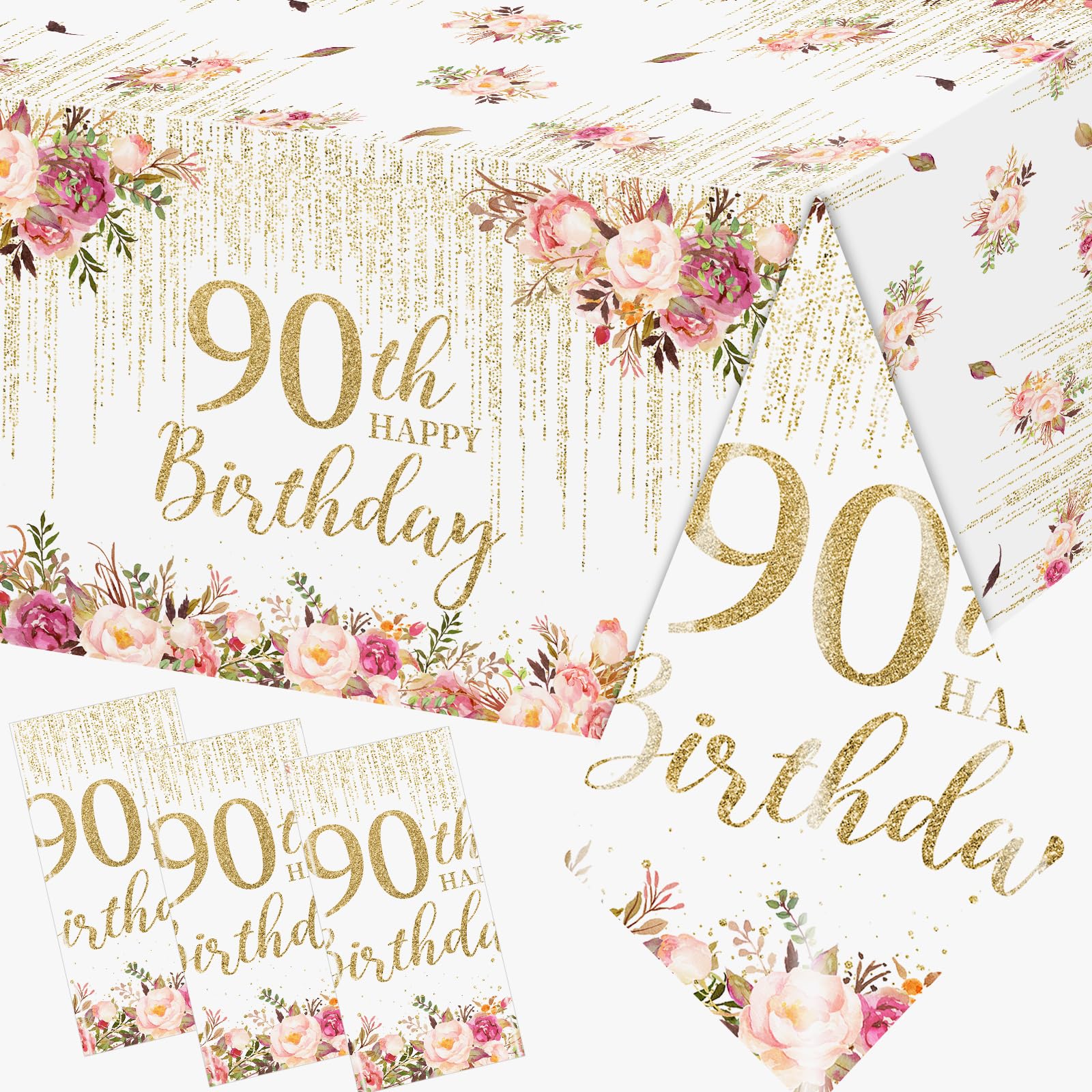 3Pcs 90th Birthday Tablecloth,Rose Gold 90th Birthday Tablecloth Rectangular Plastic 90th Happy Birthday Table Cover, 90th Birthday Table Decorations for Women 90th Party,70.8 * 42.5inch