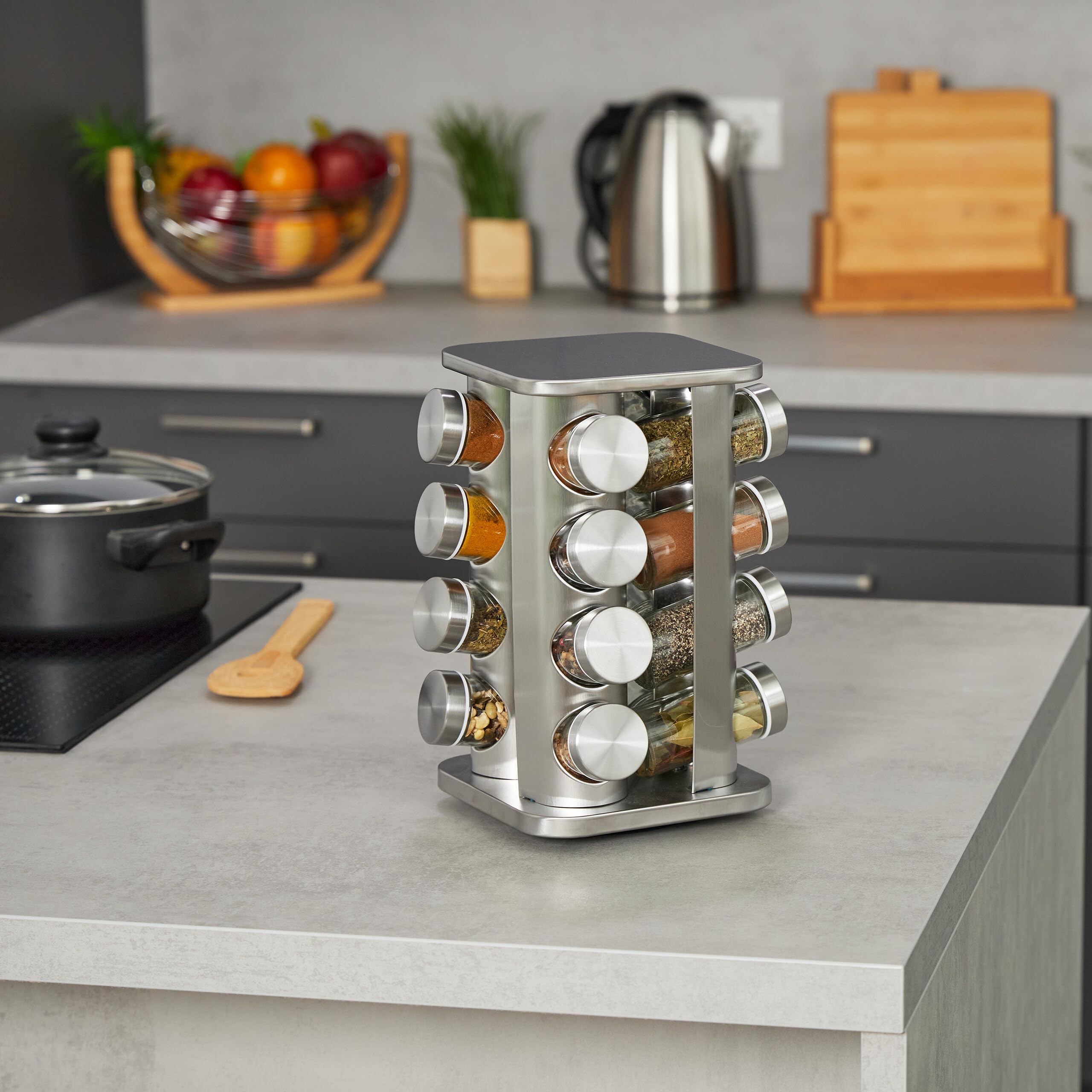 Relaxdays Tourniquet à épices, Acier INOX, 16 Pots en Verre, 40 étiquettes, Rotatif à 360°, HLP : 28x20x20 cm, argenté