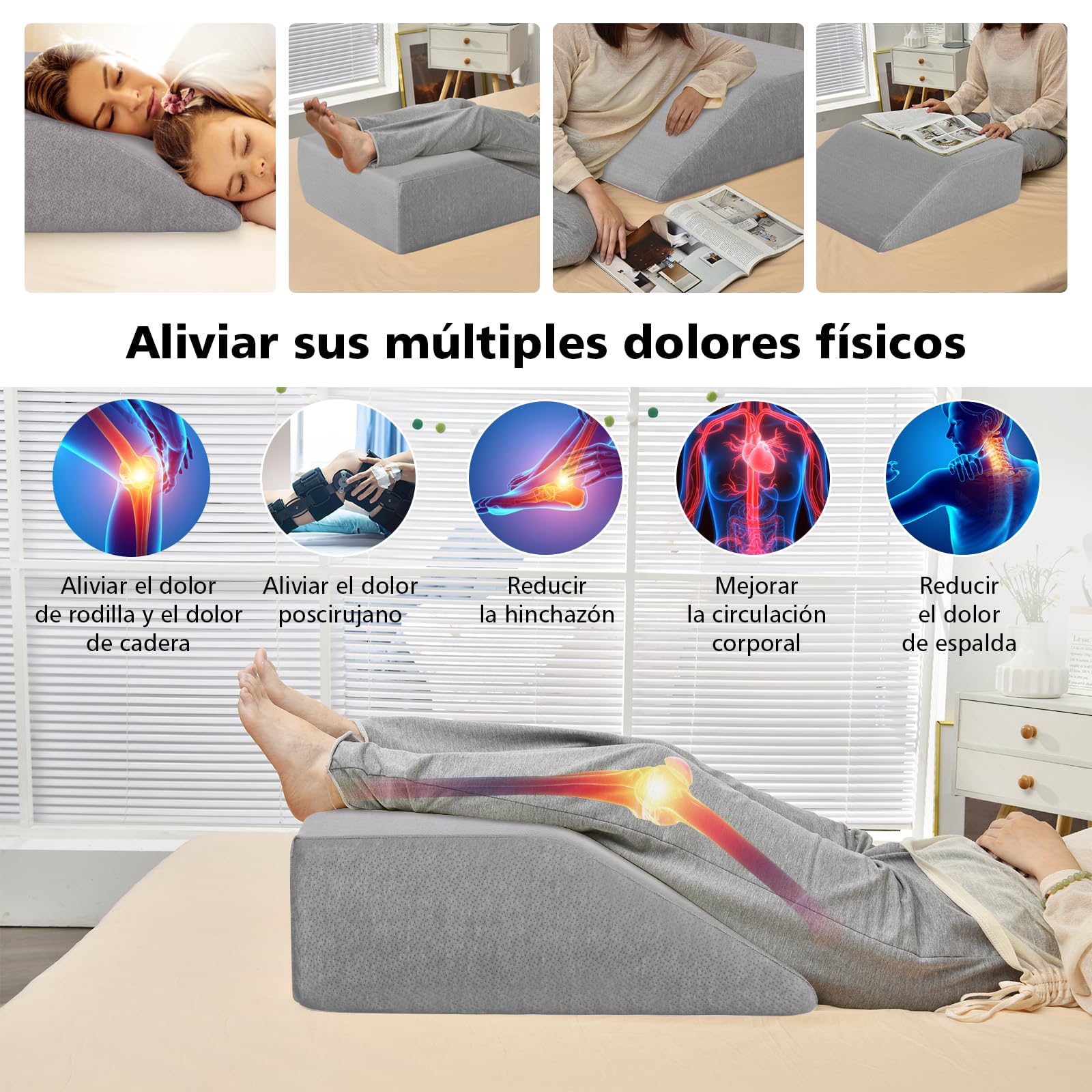 COSTWAY Cojín para Elevar Las Piernas, Almohada de cuña con 4 cm de Memoría de Forma, Revestimiento Transpirable Desmontable, Cuña en Espuma Aliviar Dolores en Las Piernas Caderas Rodillas (Gris)