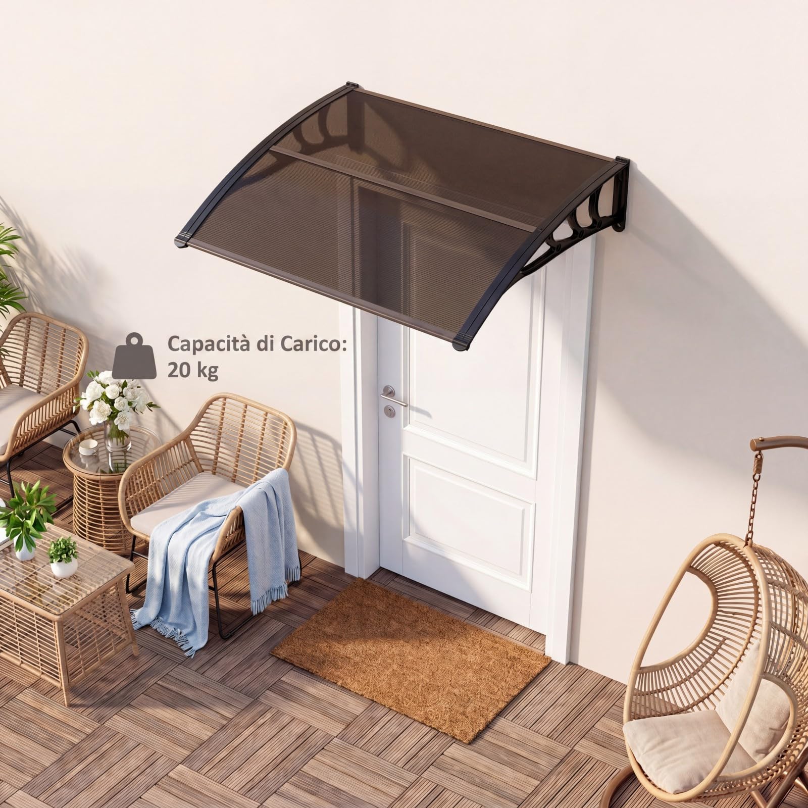 COSTWAY Pensilina Tettoia per Porta, Tettoia Parasole per Ingresso in Policarbonato, Robusta Barra di Fissaggio in Alluminio, Facile da Installare, per Finestra, Balcone, 100 x 75,5 x 23 cm (Marrone)