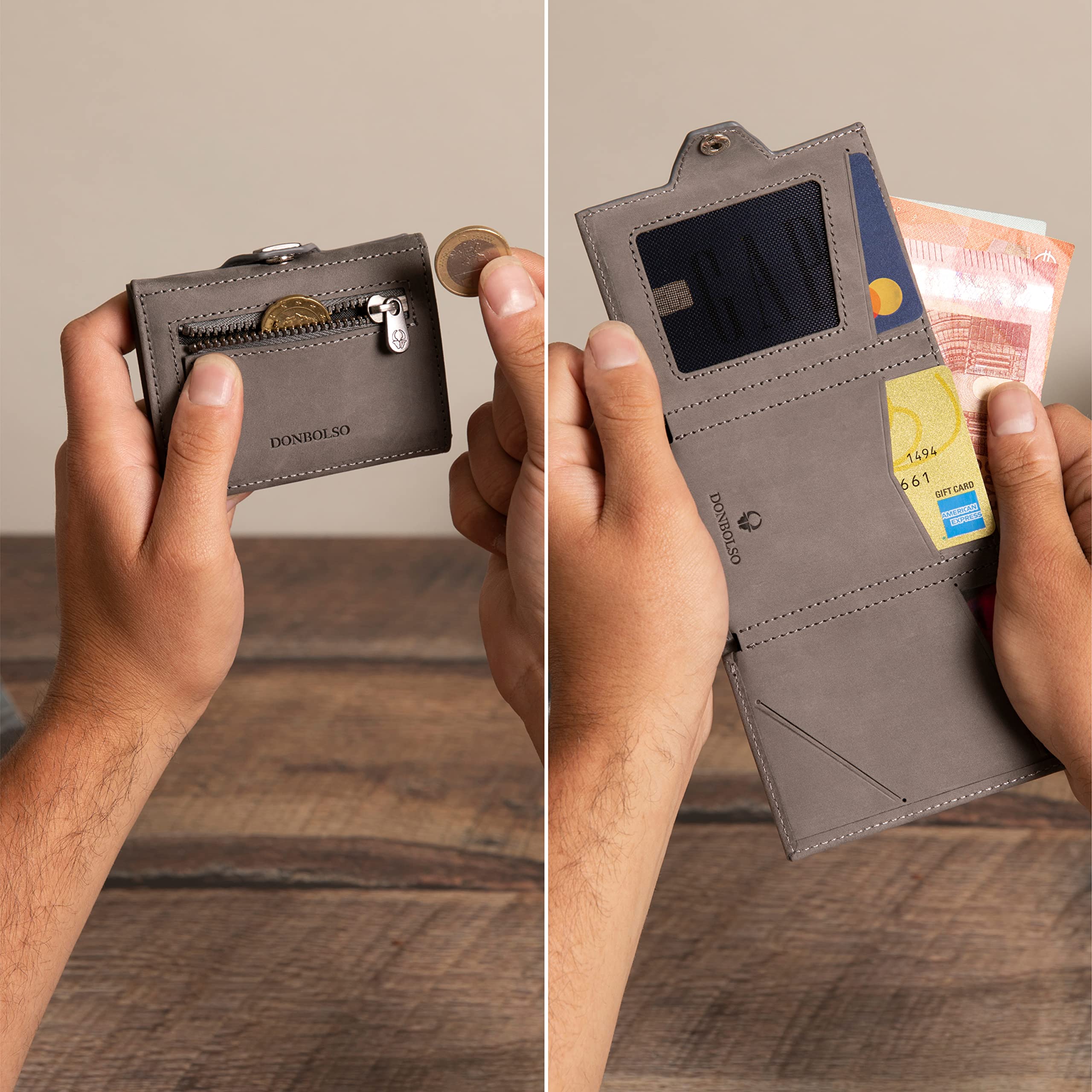 DONBOLSO Portafoglio Uomo Piccolo in Pelle - Porta Carte di Credito con Tasca per AirTag - Portamonete Compatto e Slim - Portafogli Sottili Vintage Grigio