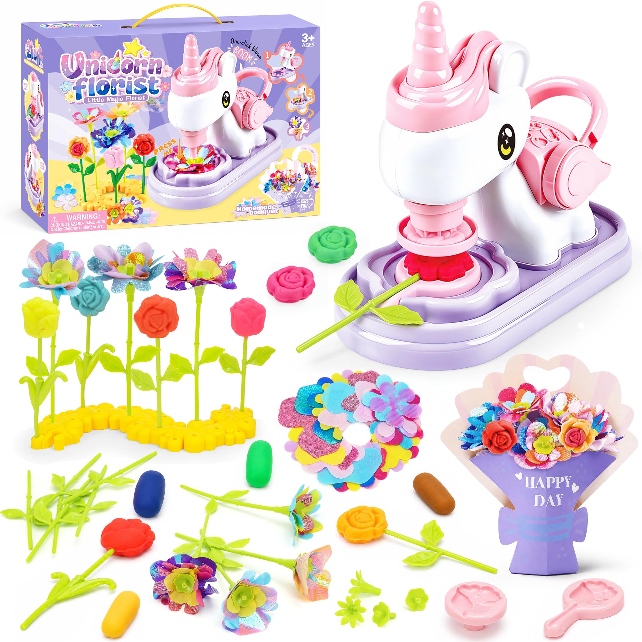 Crelloci Unicorn Dough Set for Kids, Flower Making Kit with Unicorn Machine, DIY Bouquet Craft Toy with Color Dough, Flower Molds, Stems & Accessories, Creative Arts and Crafts Gift for Girls Ages 3+
