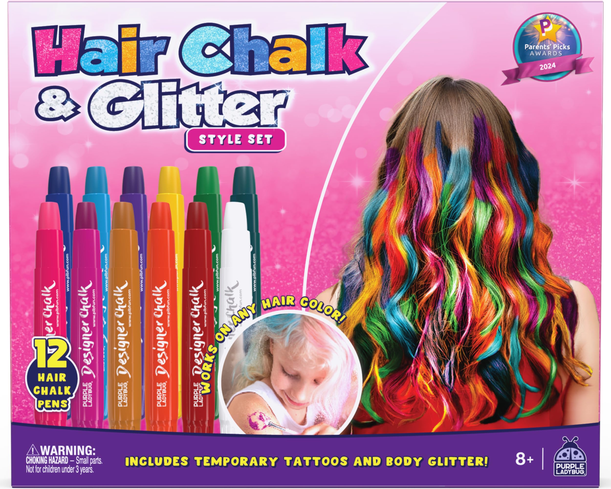 Purple Ladybug 12 Tizas para el Pelo para Niñas - Set Tatuajes Temporales y Purpurina Corporal - Tinte de Pelo Temporal para Niños y Adolescentes – Fácil Aplicar y Lavar – Ideal Disfraces Halloween