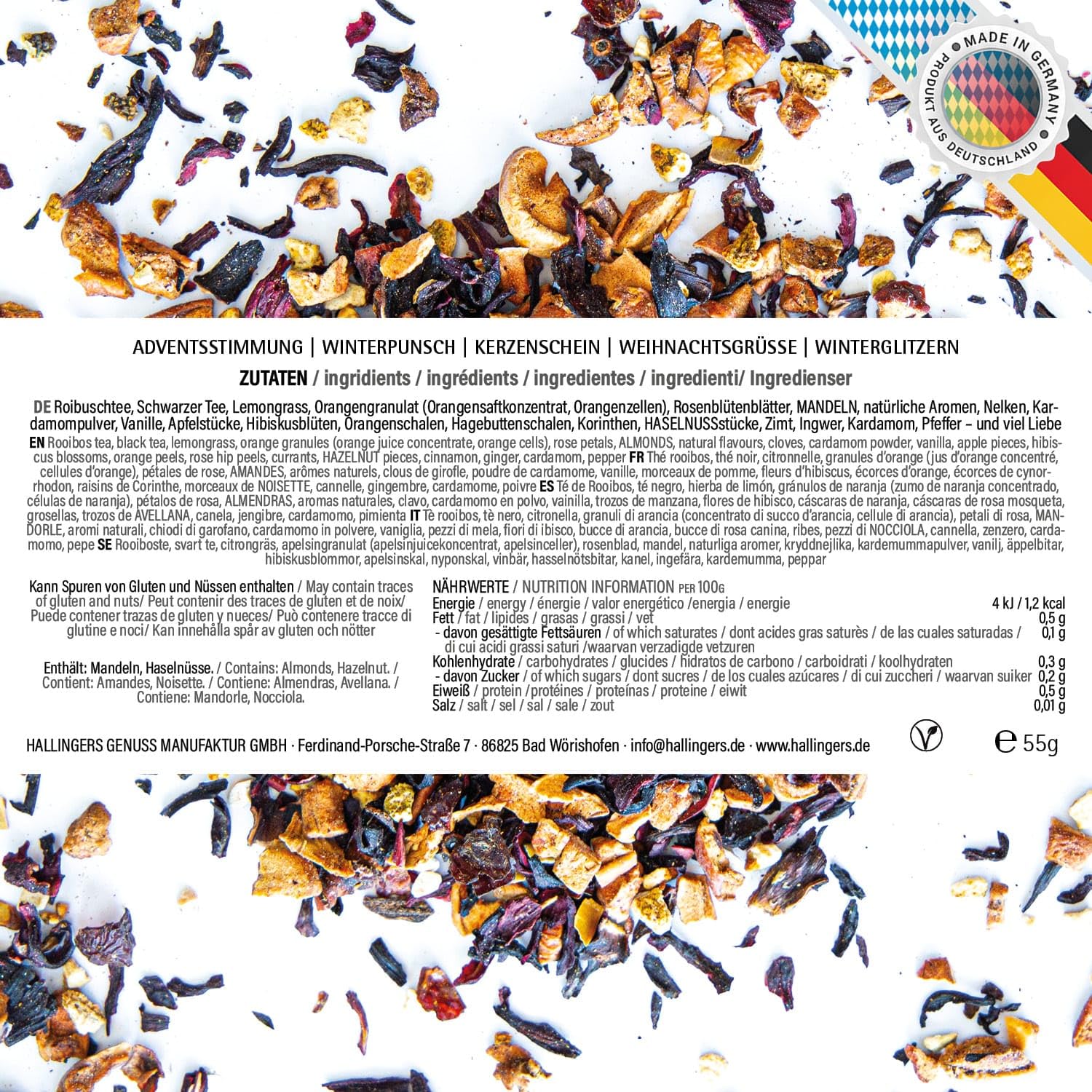 Hallingers Genuss Manufaktur Tee Weihnachts-Geschenk-Set - 5 Sorten premium loser Tee Probierset in edler Geschenkbox mit Rezept-Booklet "Frohe Weihnacht...", Weihnachten für Frauen Männer