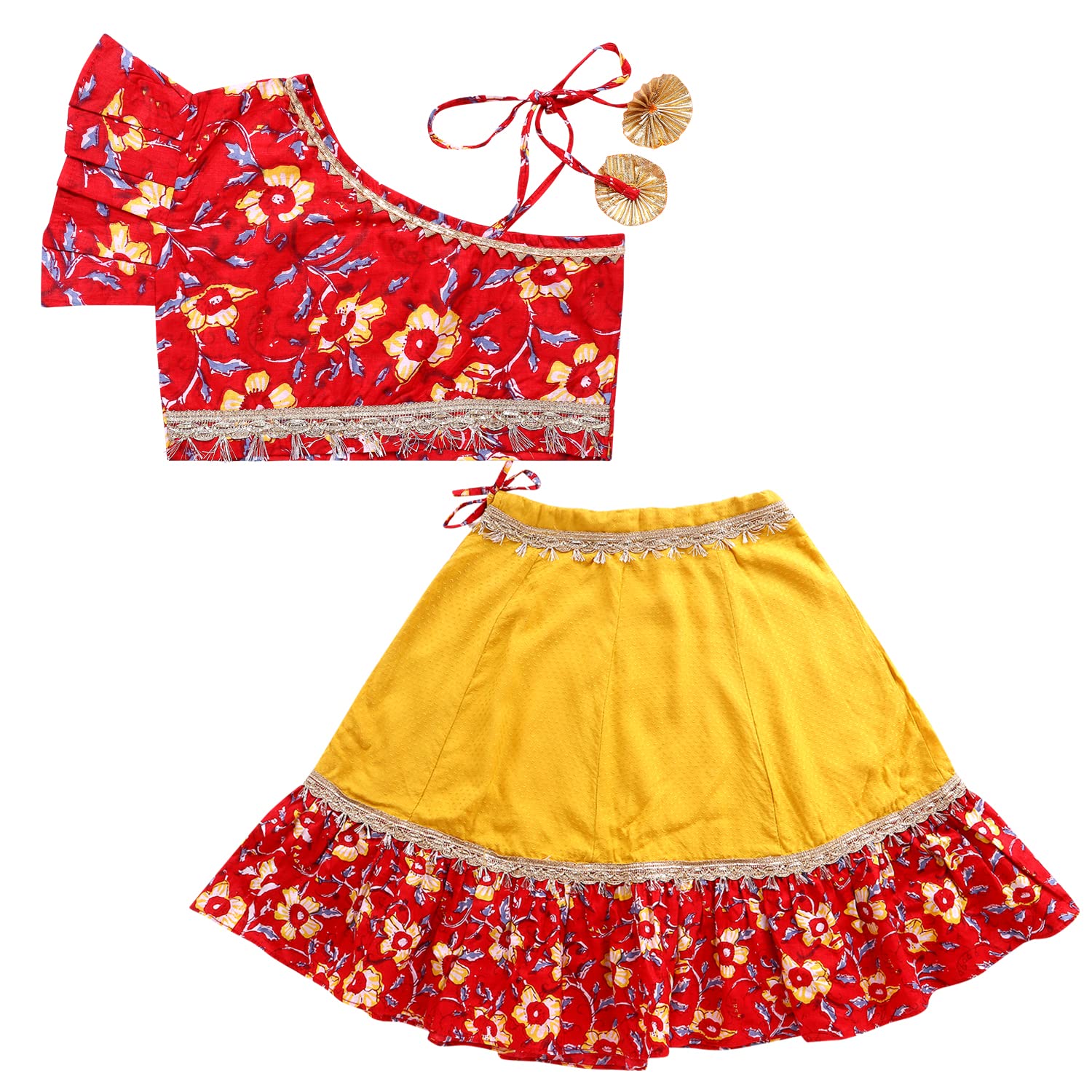 superminis Girl's Floral Print Single Shoulder Cotton Top With Lehnga Skirt Clothing Set